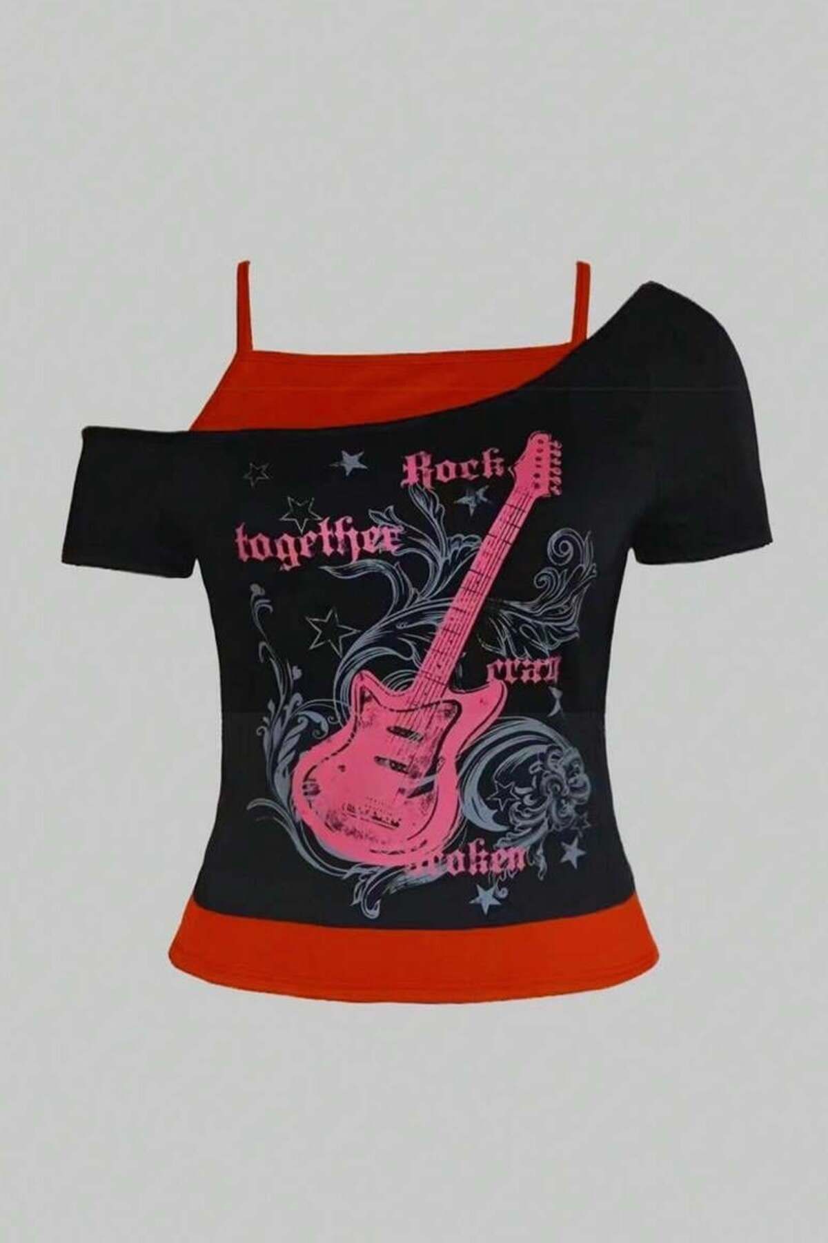 BALİNA Siyah Rock Together Pink Guitar Ek Askılı Kısa Kollu Full Body Crop -BLN
