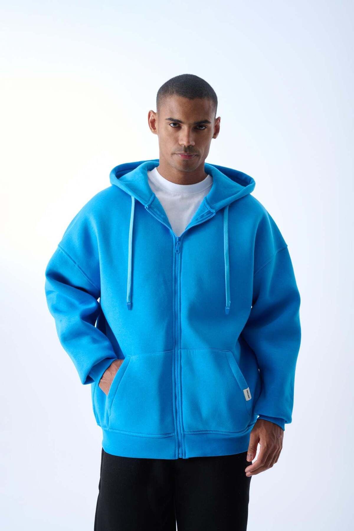 jaceyjace Fermuarlı Basic Kapüşonlu Sweatshirt - Mavi