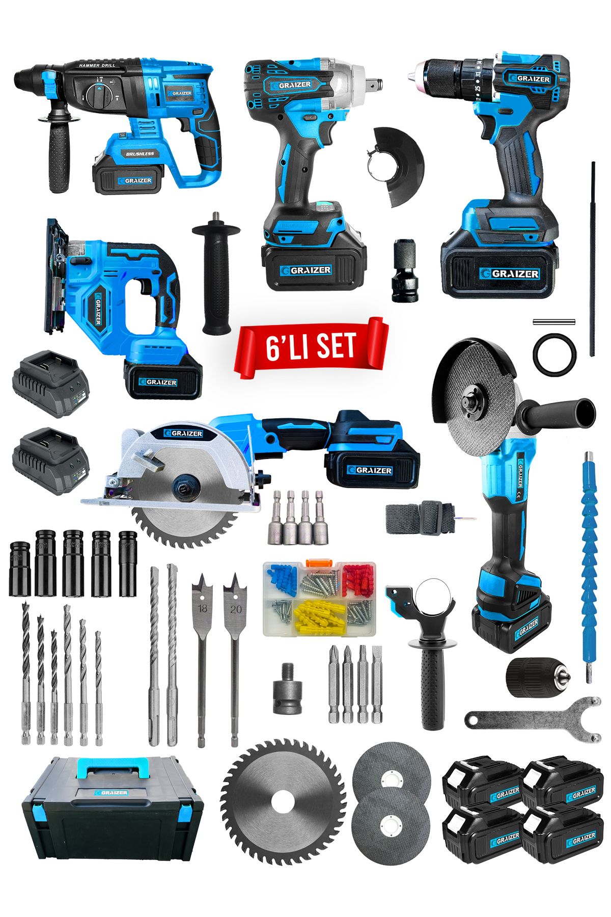Graizer Powerforge Profesyonel Kömürsüz Bakır Sargılı Çelik Şanzıman 6'lı Set Sunta Kesme+Dekupaj-Mavi