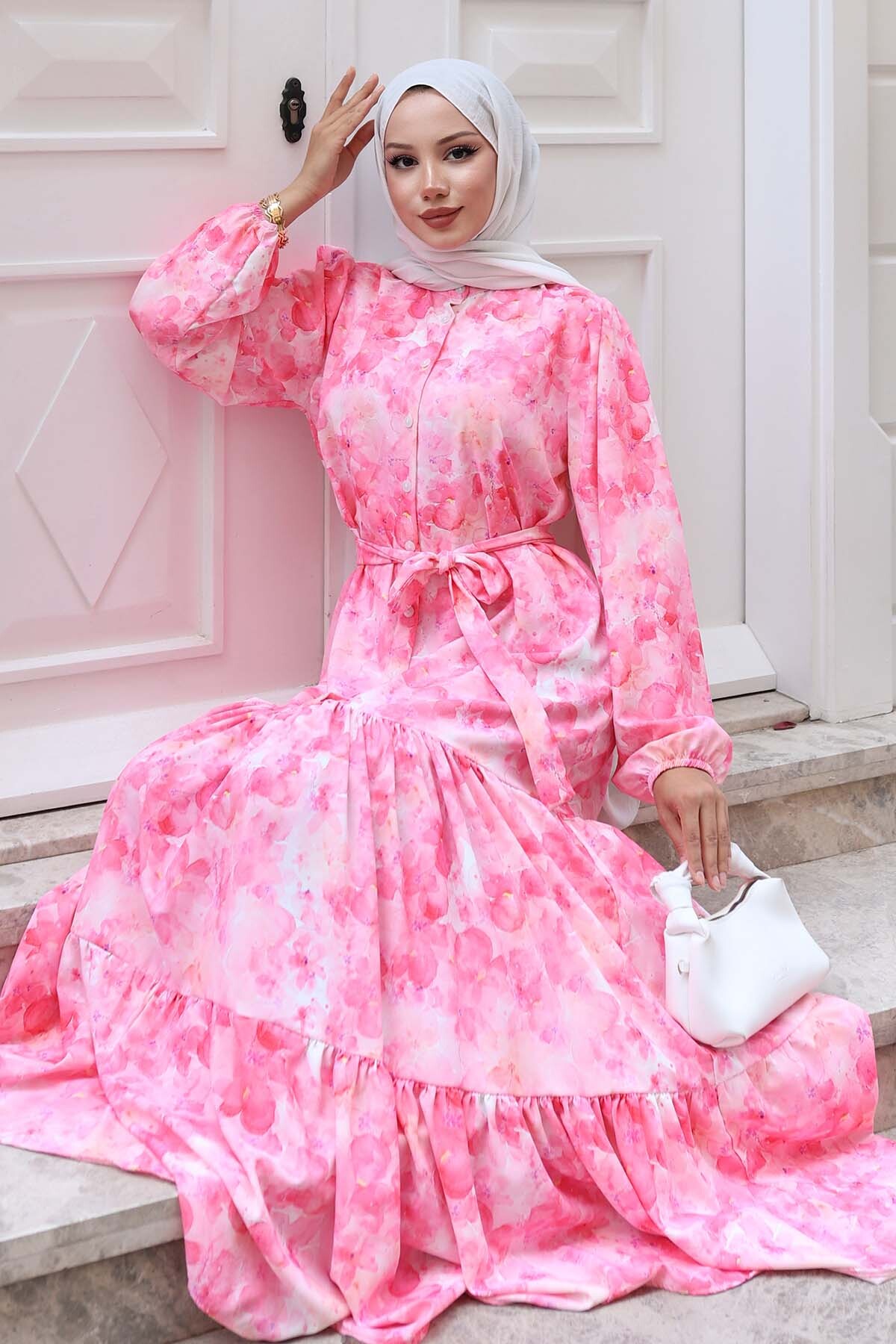 Patterned Modest Dress Pink 525