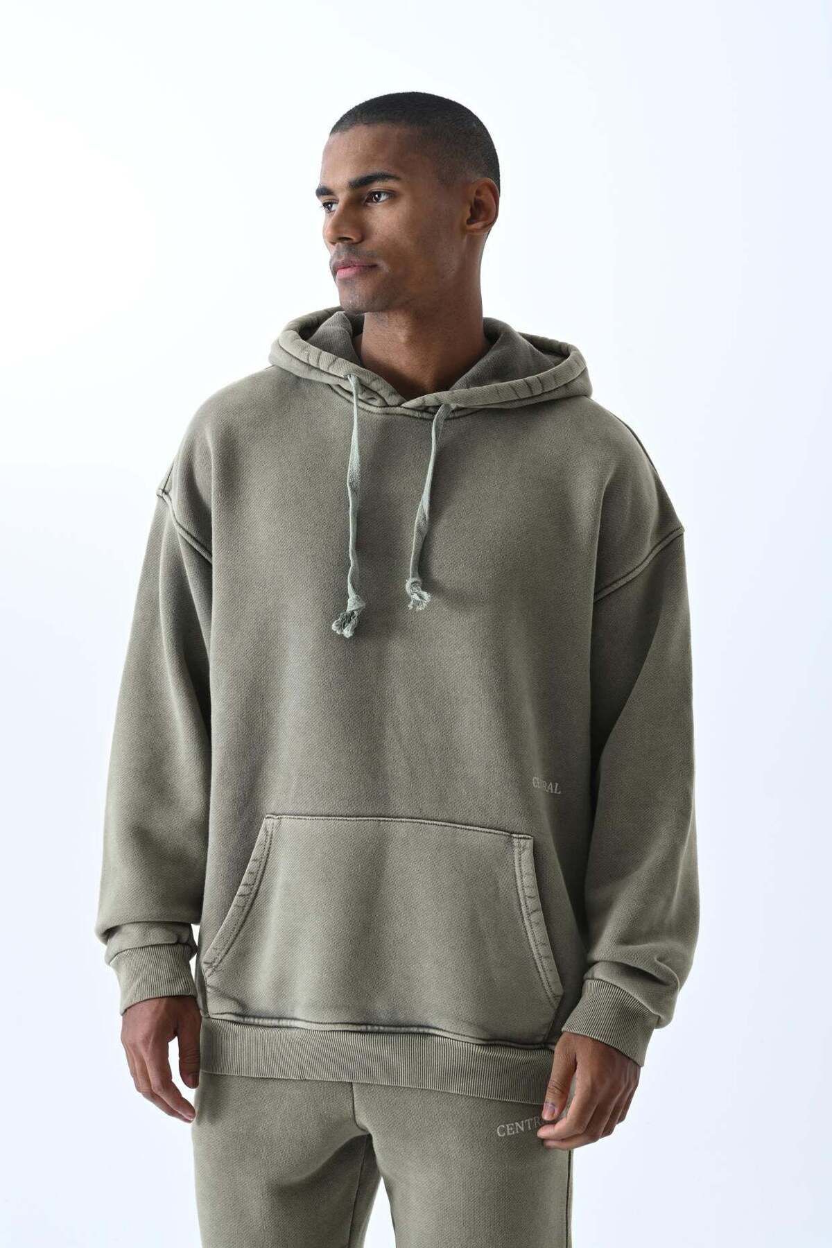 jaceyjace Yıkamalı Kumaş Kapüşonlu Sweatshirt - Haki