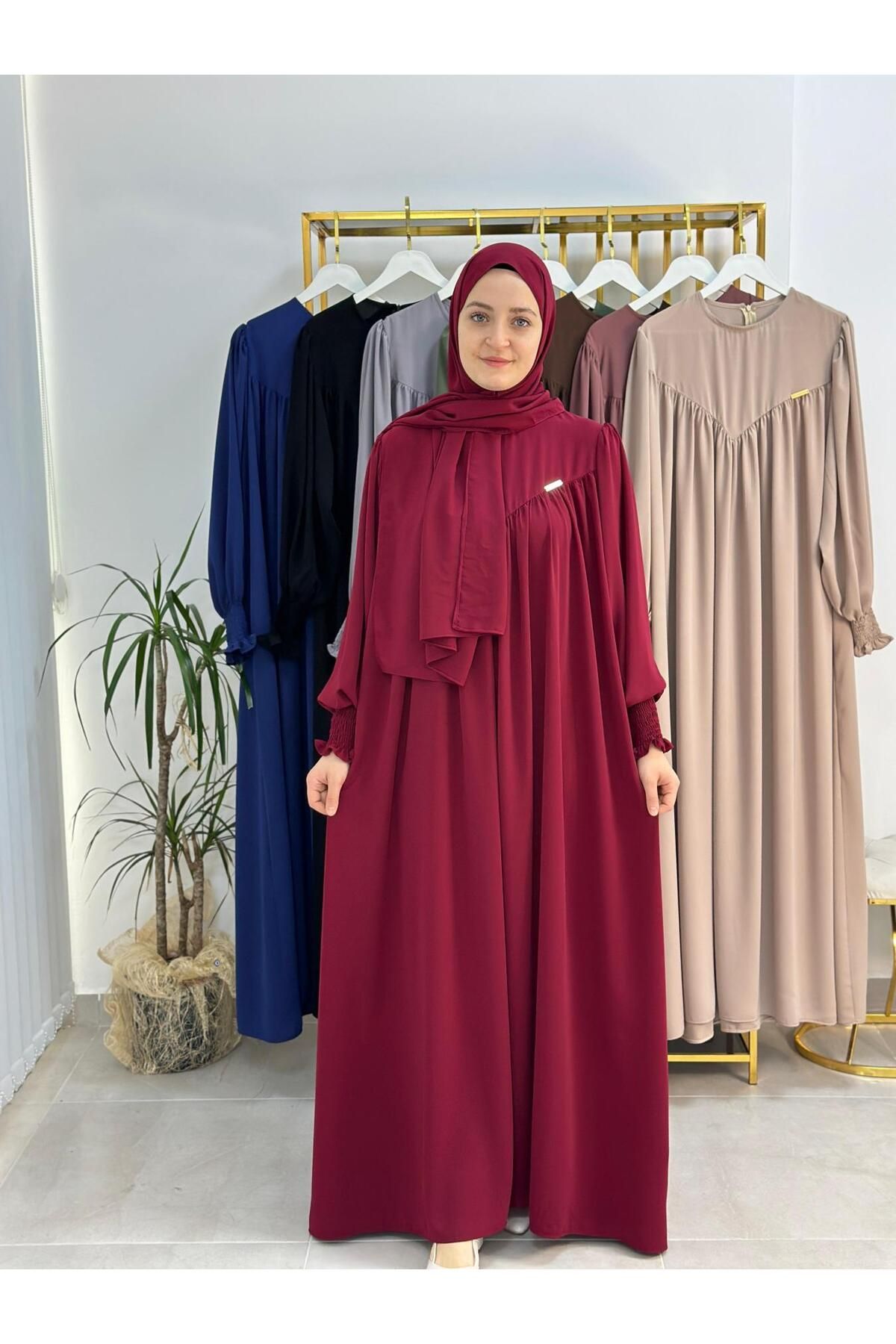 R&S modibone şallı takım,tesettür önü V model büzgülü elbise,abaya hijab,ferrace hac ve umre ıcınde uygun bordo