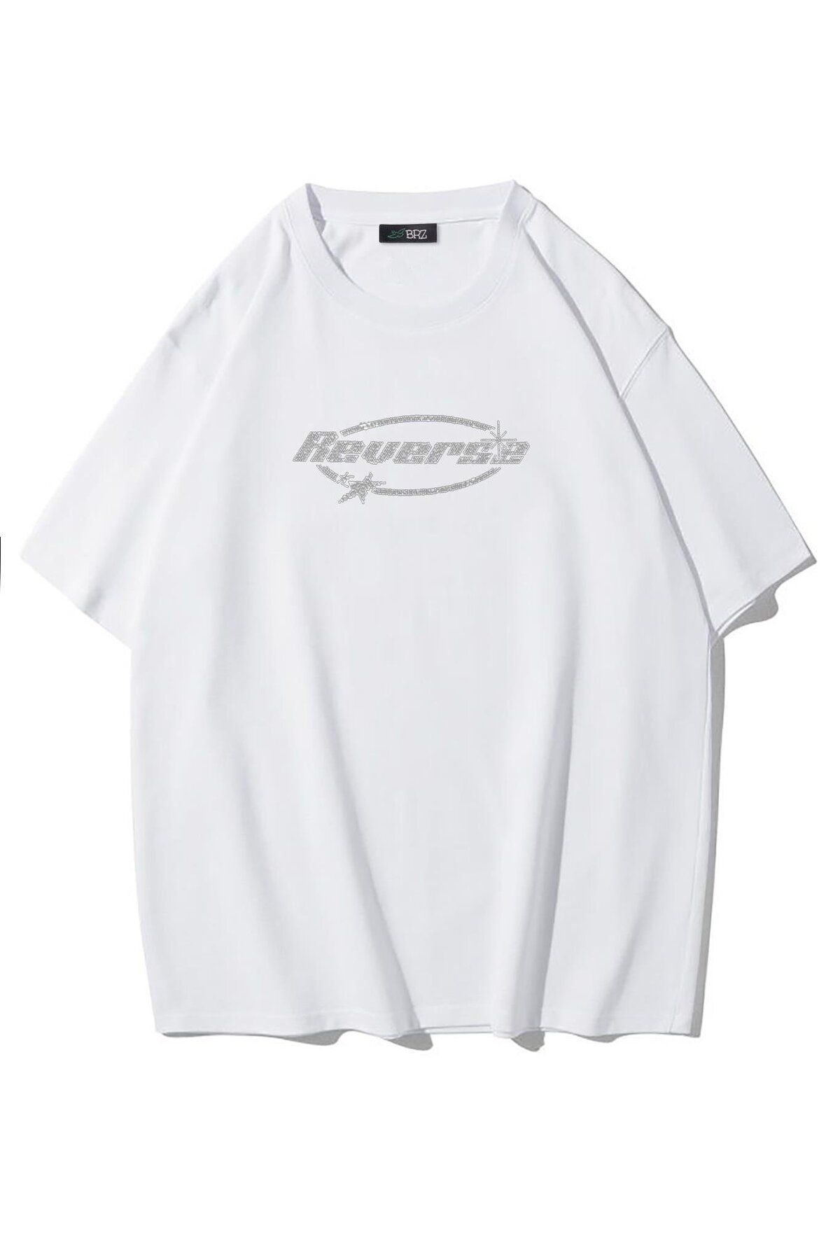 BRZ COLLECTION Unisex Oversize Reverse Kristal Taş Baskılı T-shirt Beyaz
