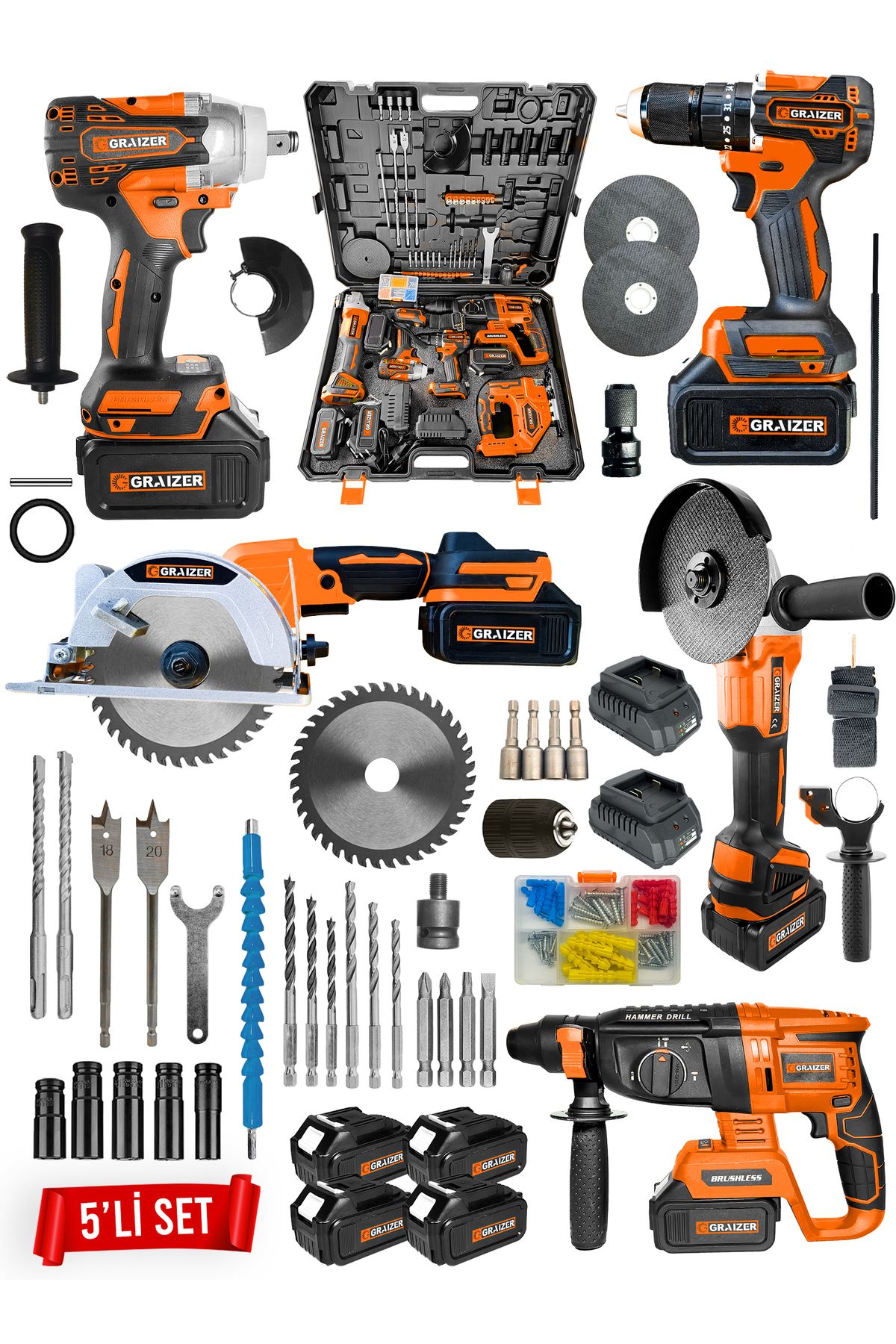 Graizer Powerforge Profesyonel Kömürsüz 4 Bataryalı Çelik Şanzıman 5'li Set Sunta Kesmeli-Turuncu