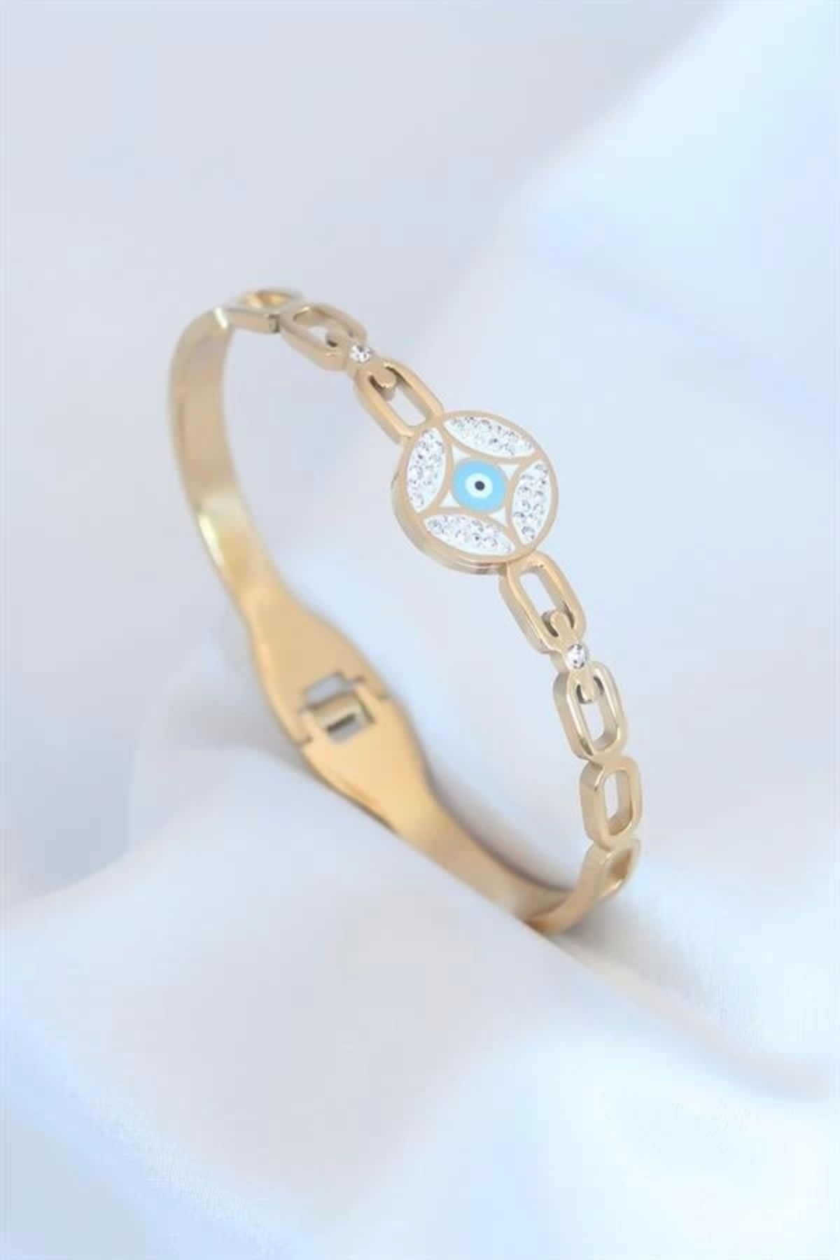 FASHIONLINE Gold Renk Nazar Boncuk Figür Zirkon Taş Detay Çelik Kadın Bileklik