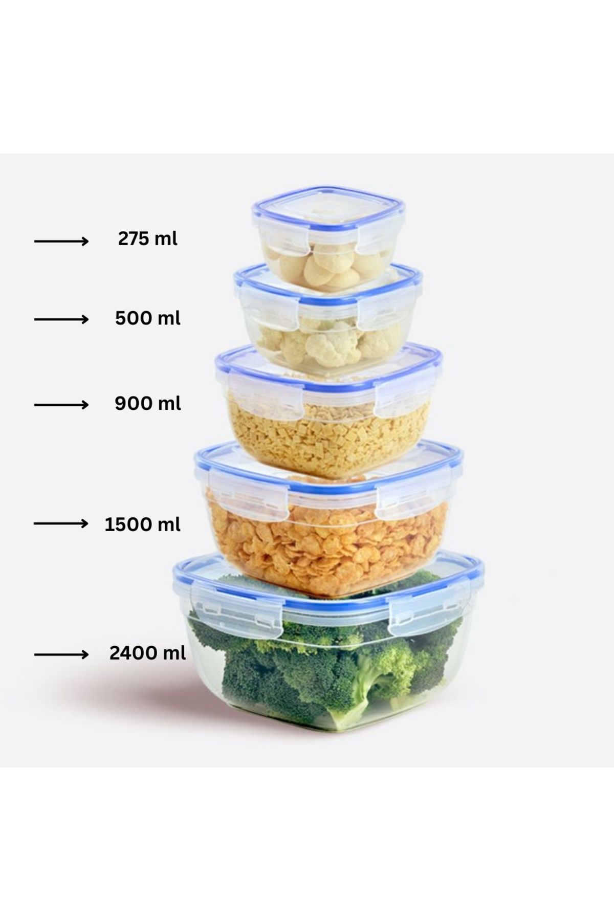 ELDİPA 5'li Contalı Kare Saklama Kabı Seti (0.275L - 0.5L - 0.9L - 1.5L - 2.4L) BPA’sız Premium Plastik