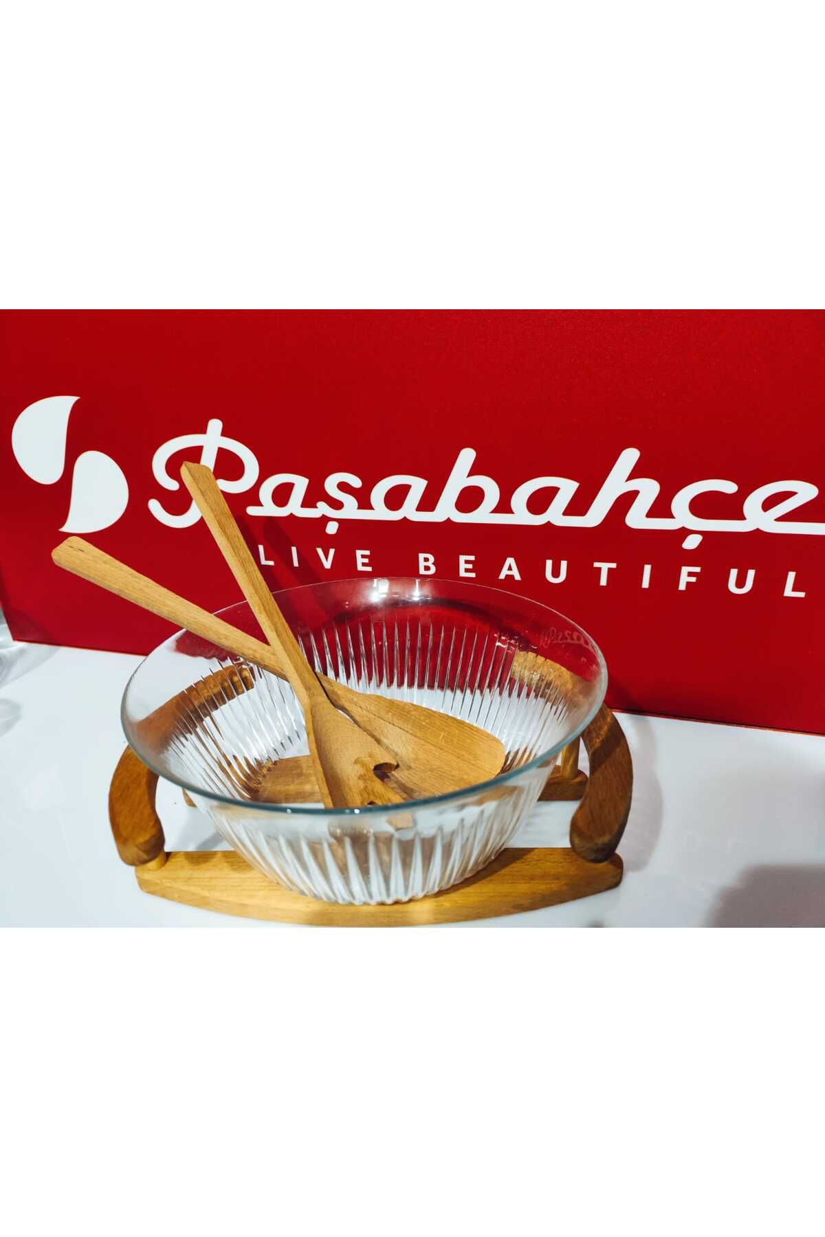 Paşabahçe-Set of Wooden Serving Handles and Set + Salad Serving Bowl of Freesia Presentation Bowl 4 Pç. 4