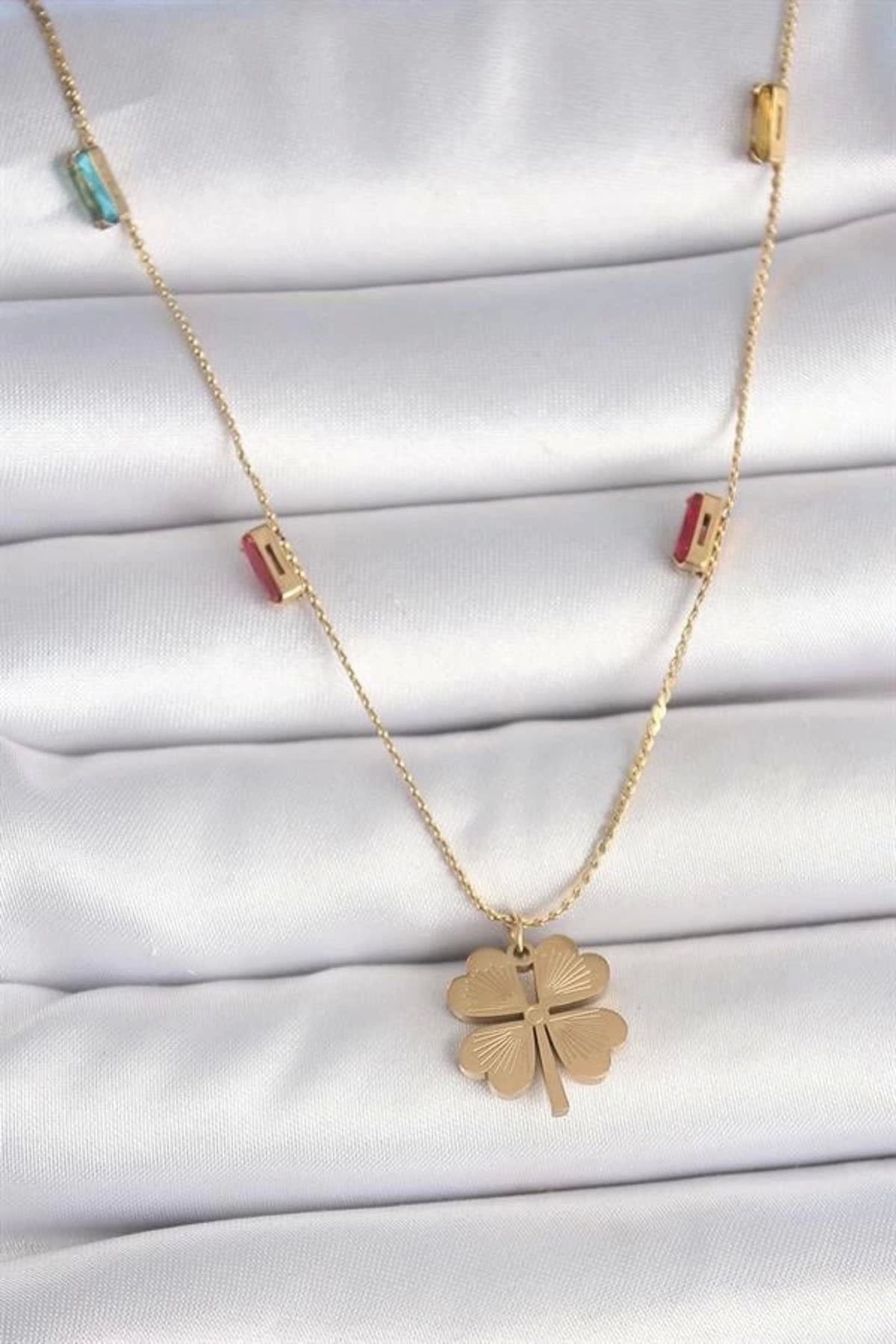 FASHIONLINE 316L Çelik Gold Renk Yonca Figür Zirkon Taş Detaylı Kadın Kolye