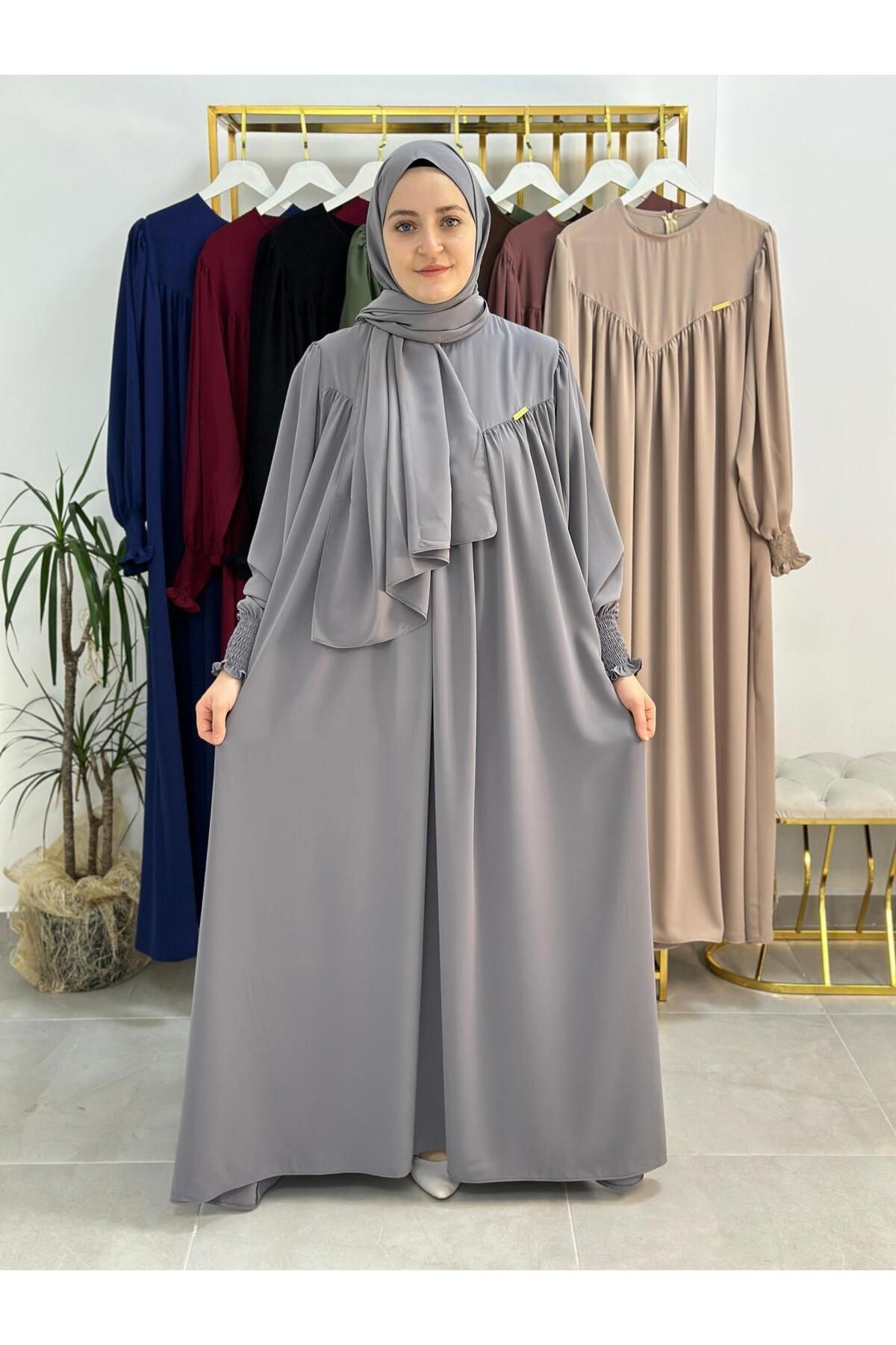 R&S modibone şallı takım,tesettür önü V model büzgülü elbise ,abaya hijab,ferrace hac ve umre ıcınde uygundur gri