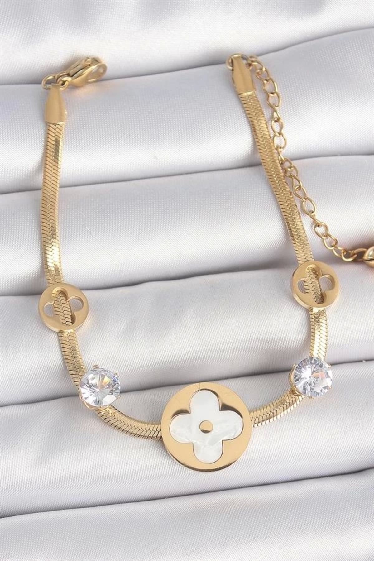 FASHIONLINE 316L Çelik Gold Renk İtalyan Zincir Beyaz Mineli Yonca Model Zirkon Taş Detaylı Kadın Bileklik