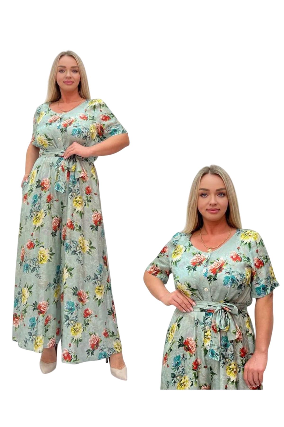 TESSY AÇIK YEŞİL GÜL DESENLİ BÜYÜK BEDEN KUŞAKLI TULUM