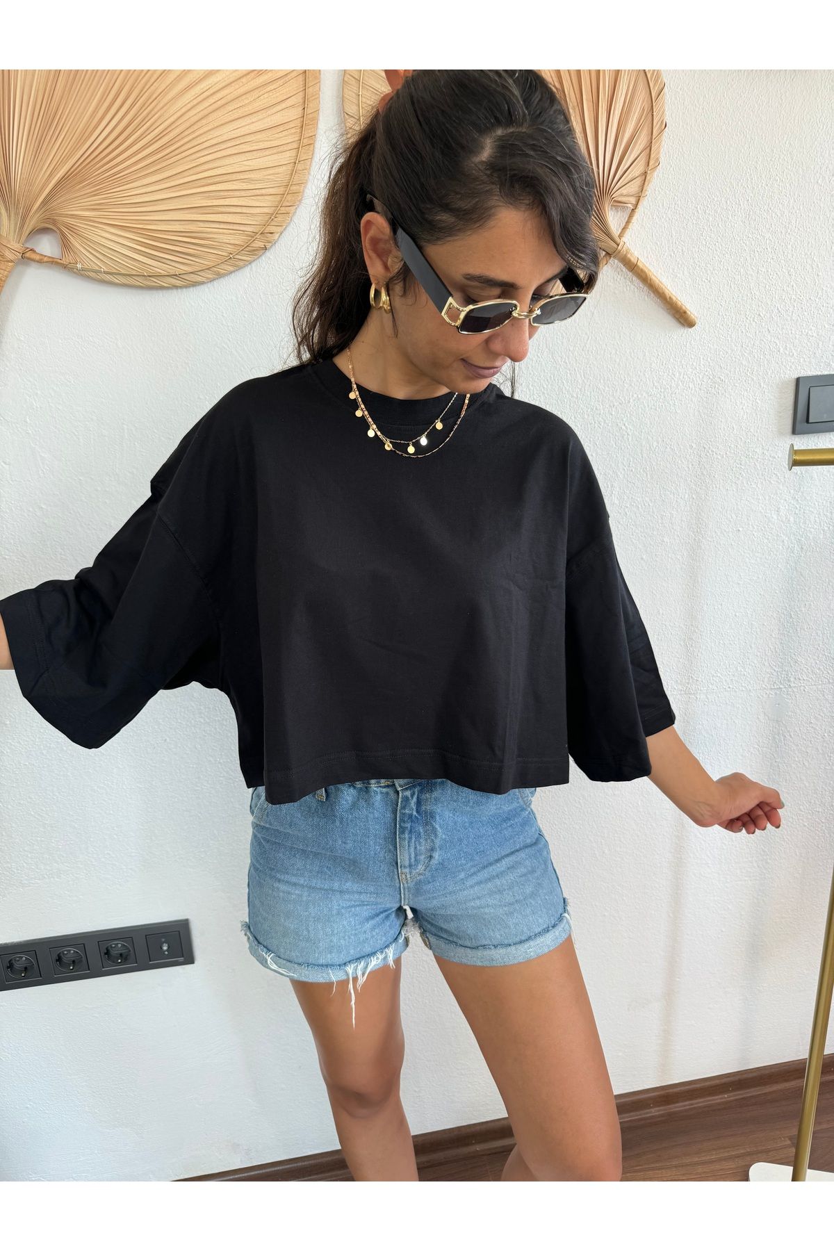 Butik Merve Sarıkaya Siyah Renk Crop Oversize Bluz