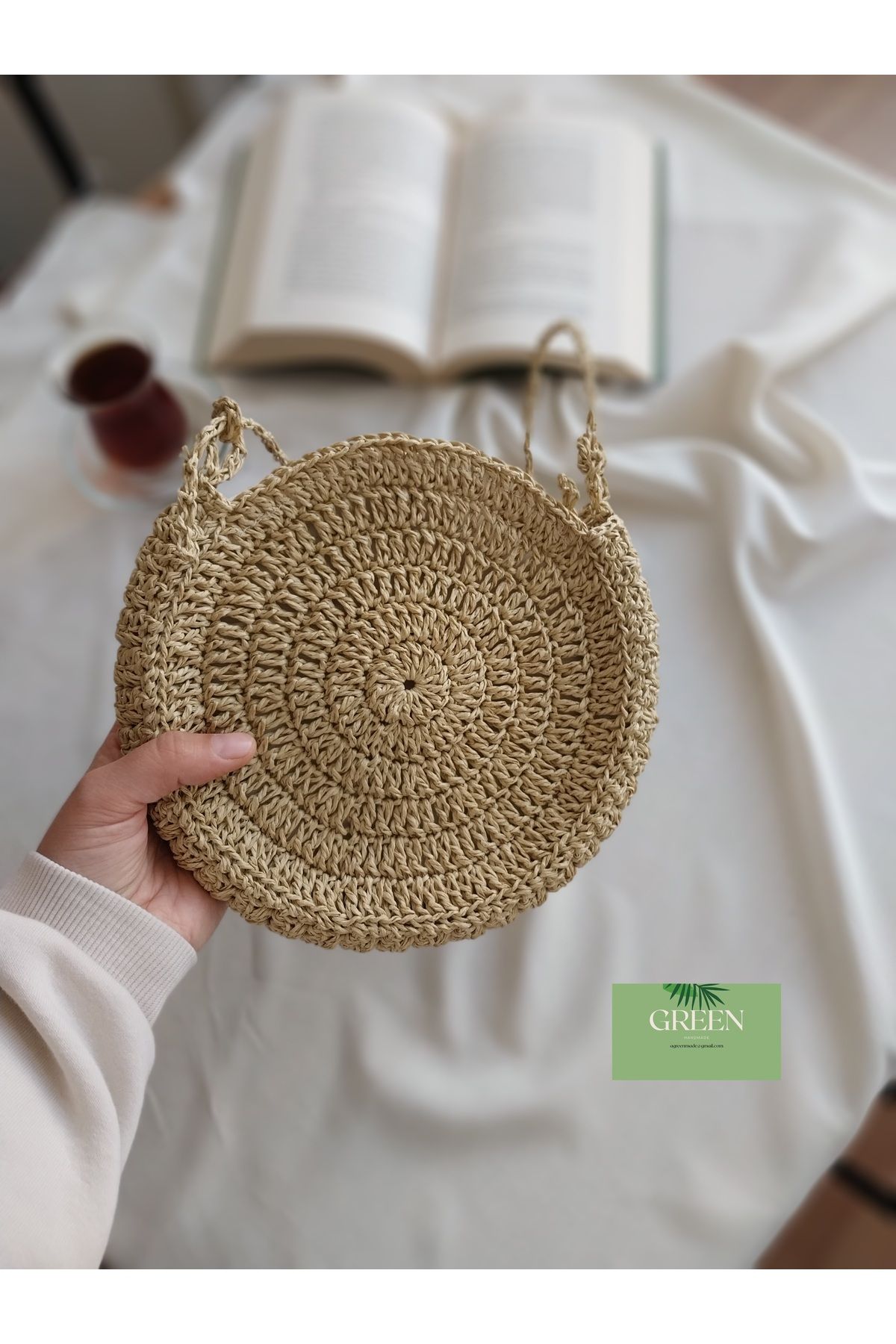 Green Yuvarlak düz model hasır çanta