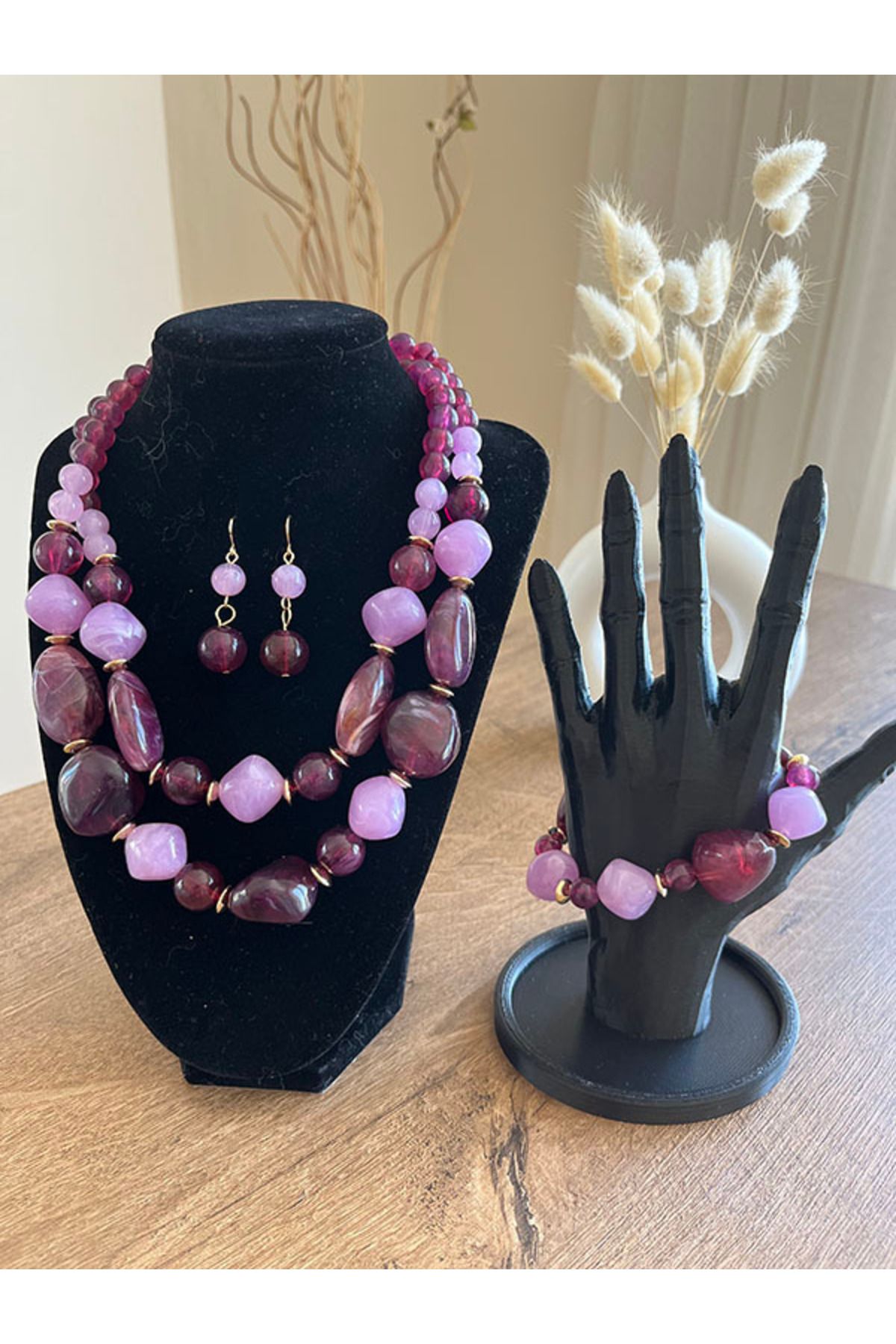 Büyük Hanım Boho Tarz Reçine Mor Renk Kolye Küpe Bileklik Seti