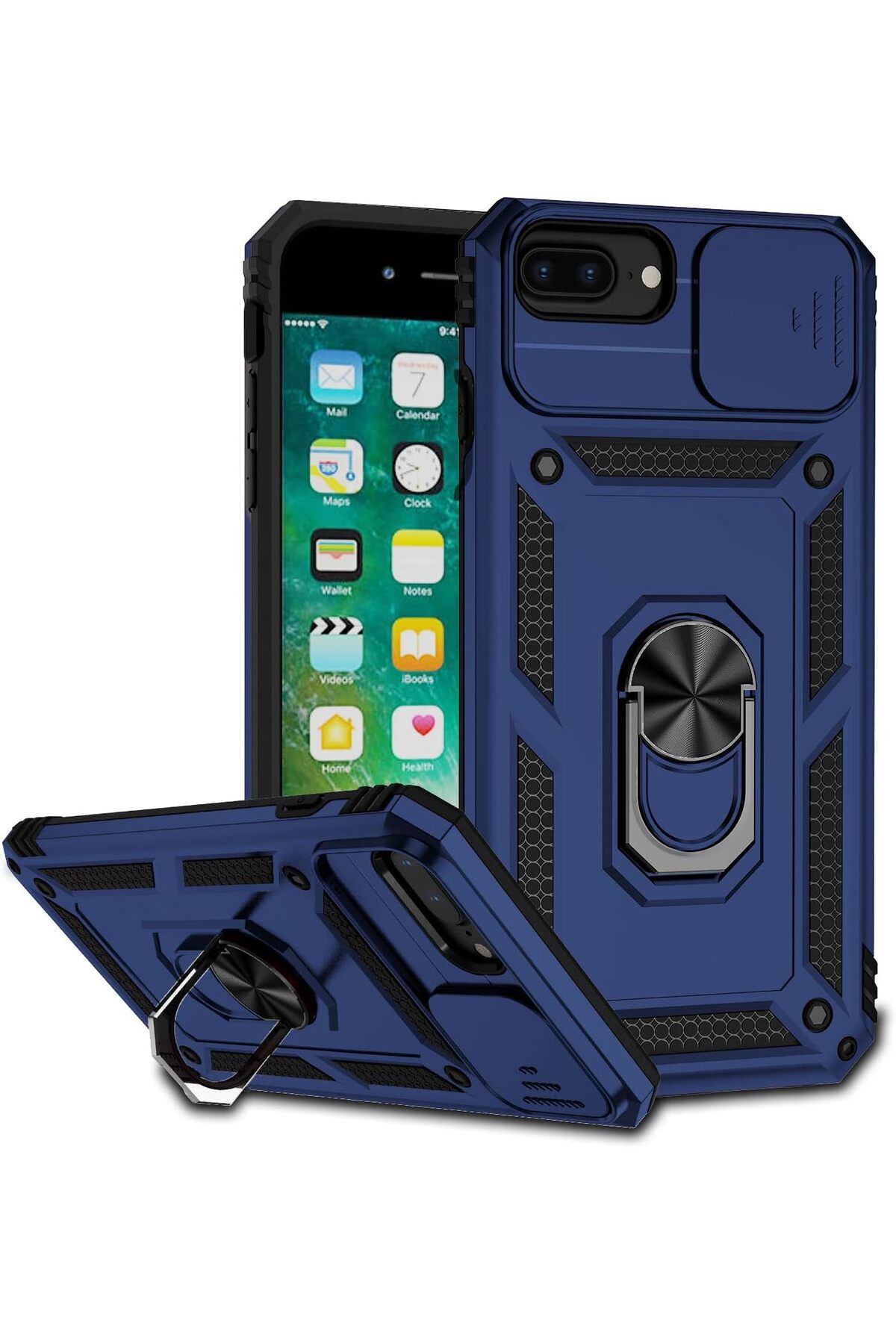 Rivor Apple iPhone 7 Plus & iPhone 8 Plus Kılıf Kamera Sürgülü Standlı Yüzüklü Darbe Emici Zırh Kapak