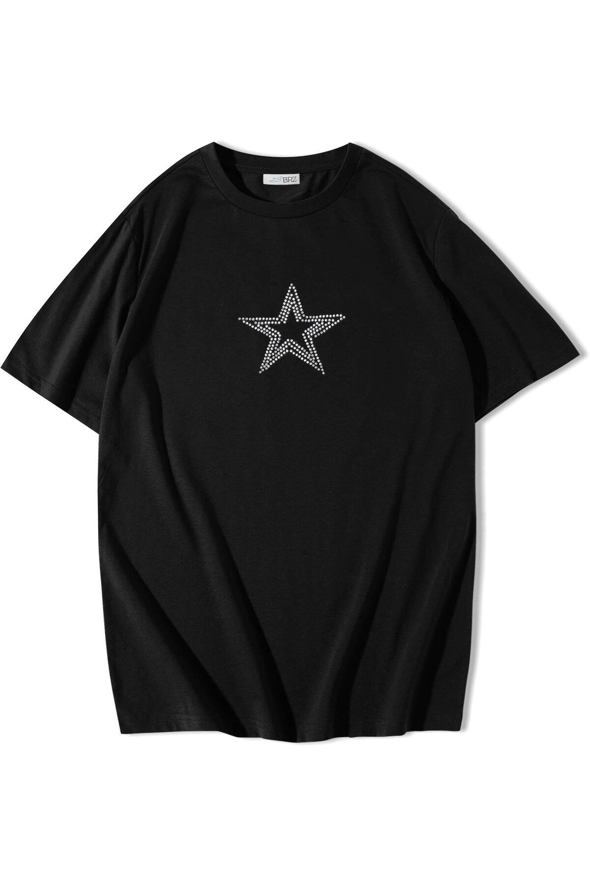 BRZ COLLECTION Unisex Oversize Star Kristal Taş Baskılı T-shirt Siyah