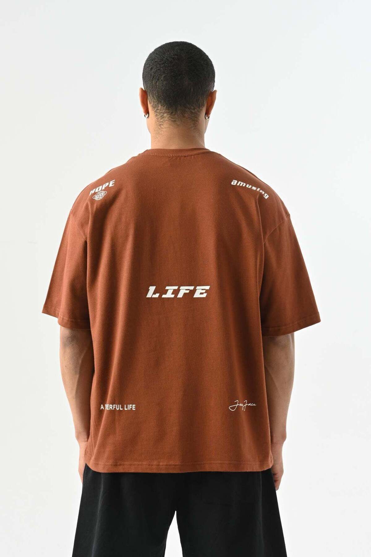 jaceyjace Life Baskılı Oversize T-shirt - Kahverengi