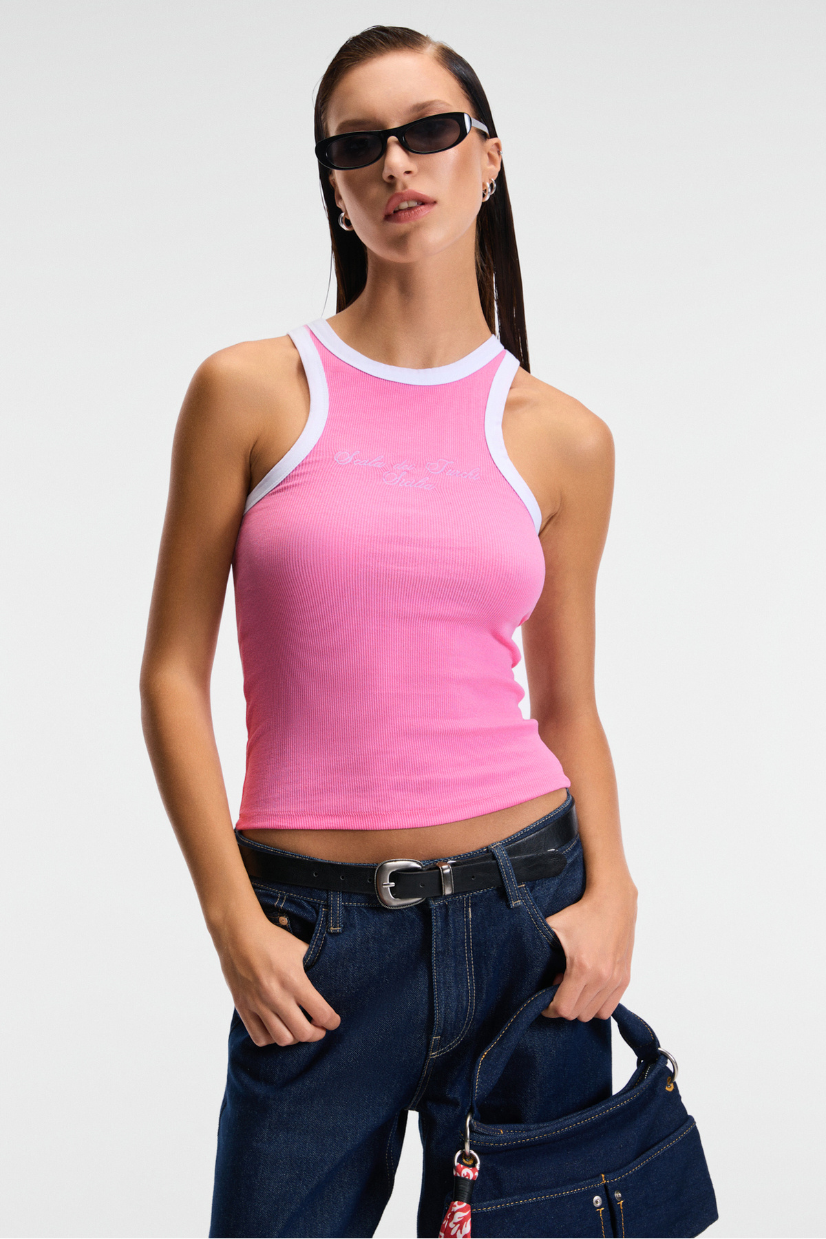GRIMELANGE-Selmıra Women's Embroidered Halter Neck Slim Fit Sleeveless Pink Undershirt 1