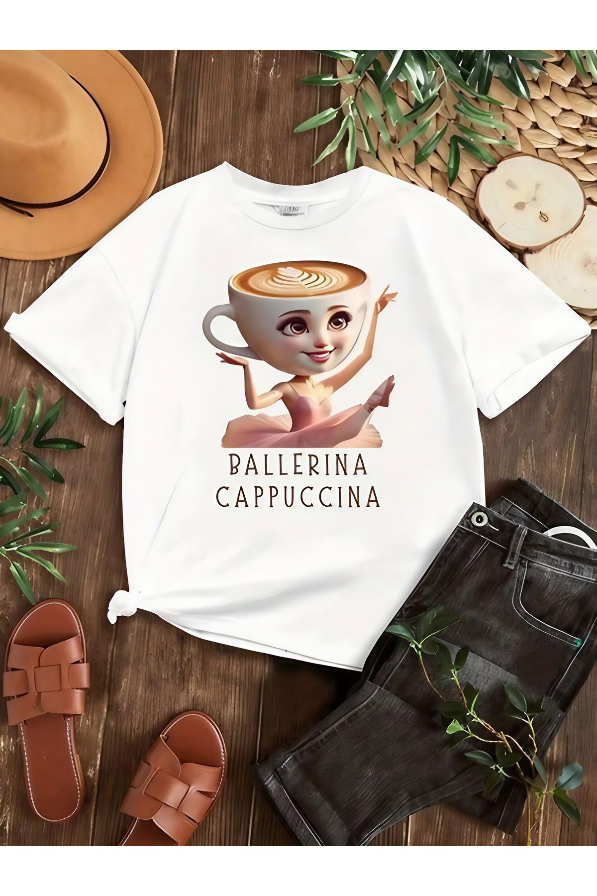 MECH BUTİK Ballerina Cappuccına Baskılı Unisex Tişört T-shirt