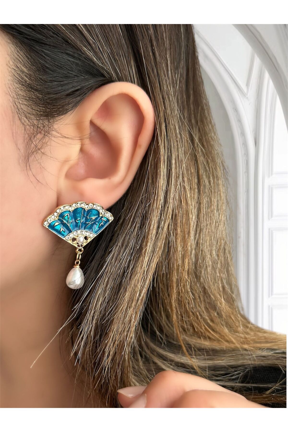 ecekypnrjewelry PASLANMAZ ÇELİK MAVİ YELPAZE KÜPE