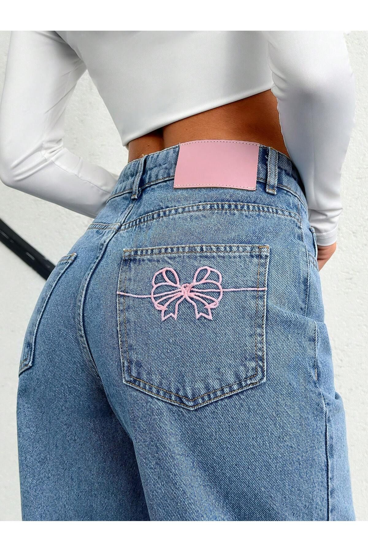 By Caspita Fashion Lenithra Kadın Yüksel Bel Mavi Palazzo Pembe Kurdele Nakışlı Geniş Paça Salaş Denim Jean Likrasız