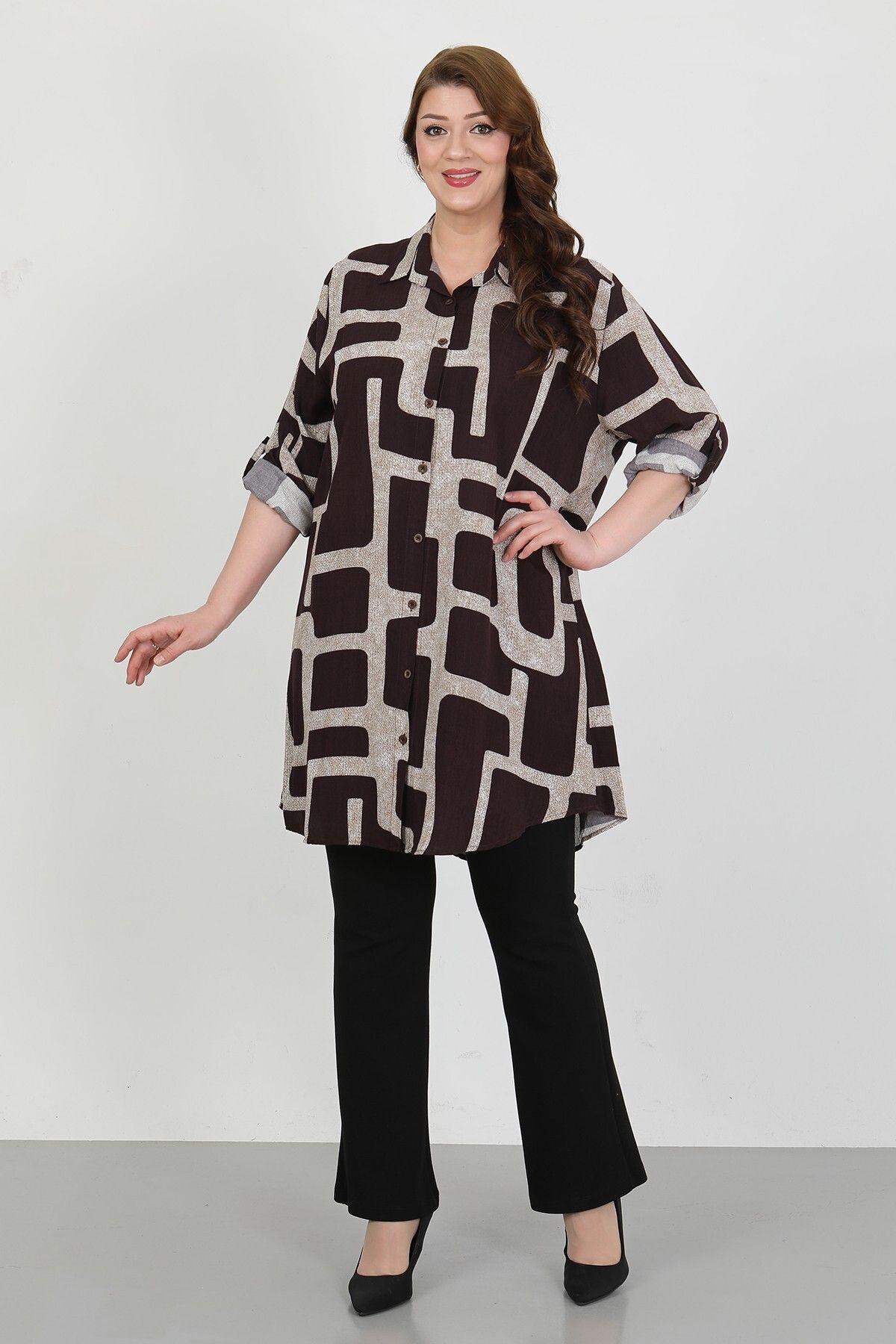 By Alba Collection Kadın Taba Desenli Pamuk Viskon Büyük Beden Tunik