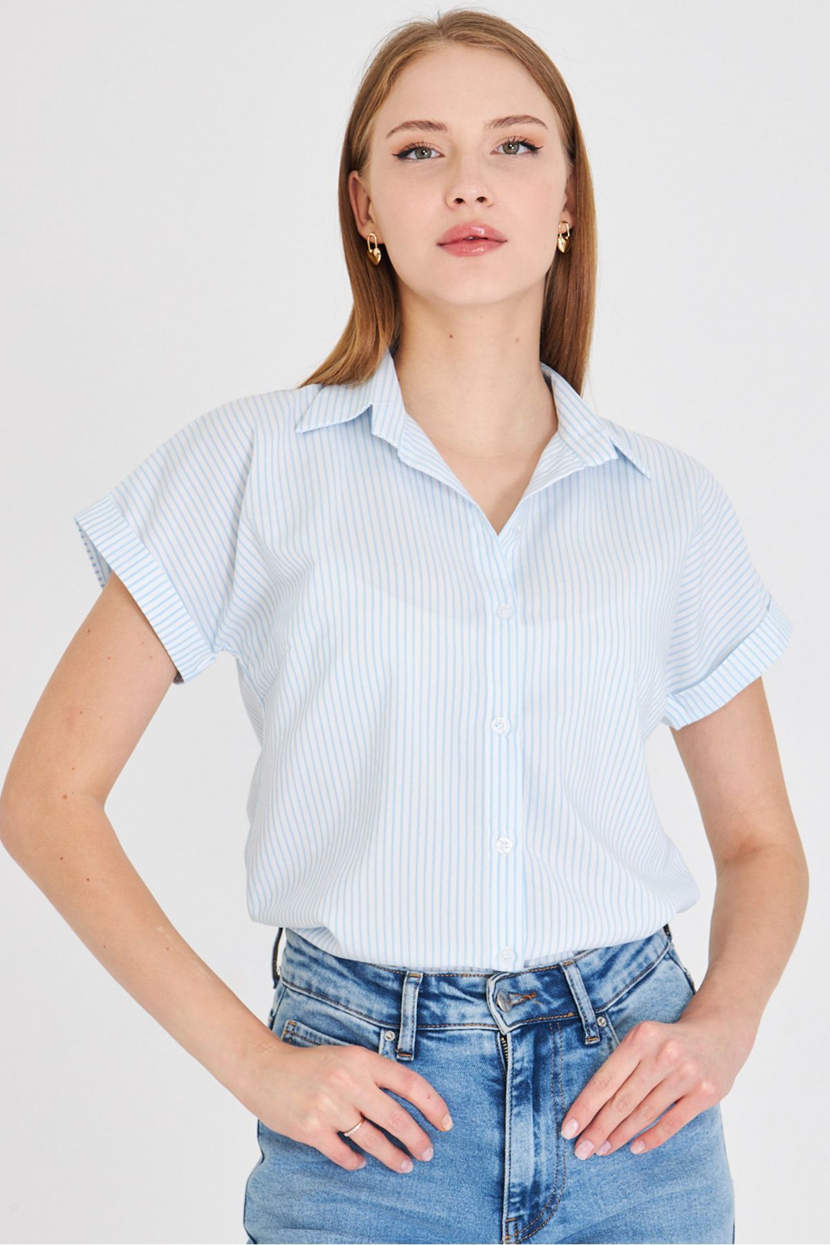 armonika Kadın Bebe Mavi Çizgili Kısa Kol Gömlek ARM-25Y001059