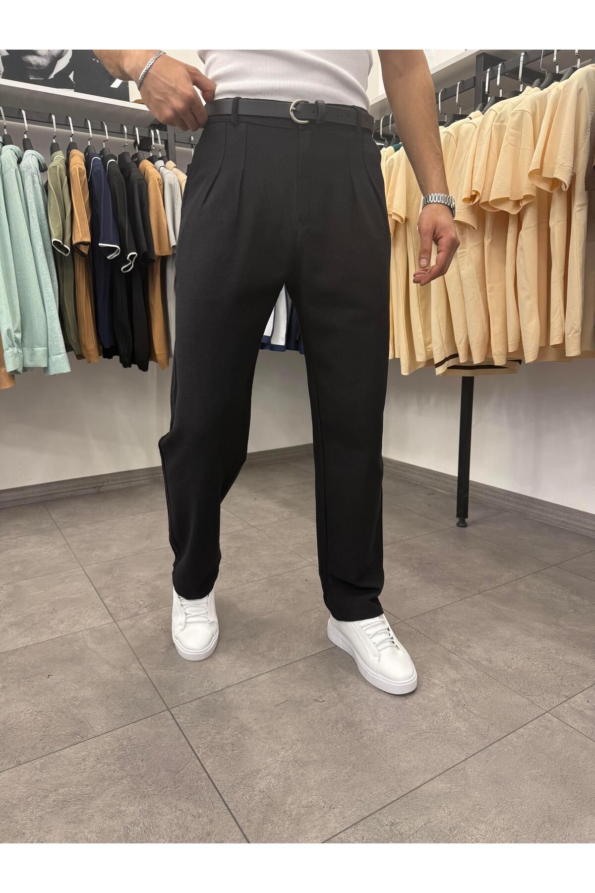 Butik Pileli Baggy Keten Pantolon Siyah
