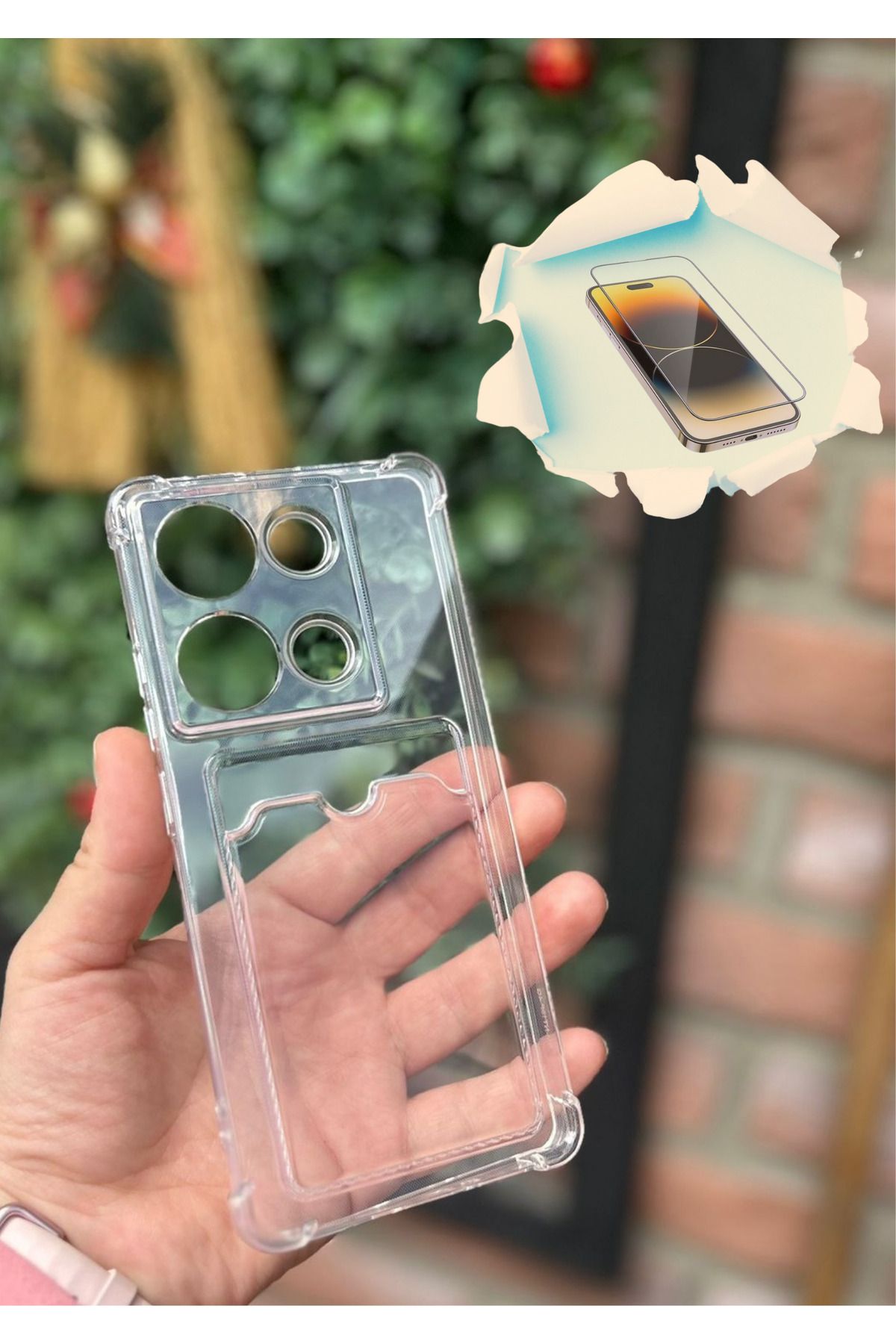 CNL Xiaomi Redmi NOTE 13 PRO Uyumlu Kamera Korumalı Kartlıklı Şeffaf Kılıf - Kırılmaz Cam Hediyeli