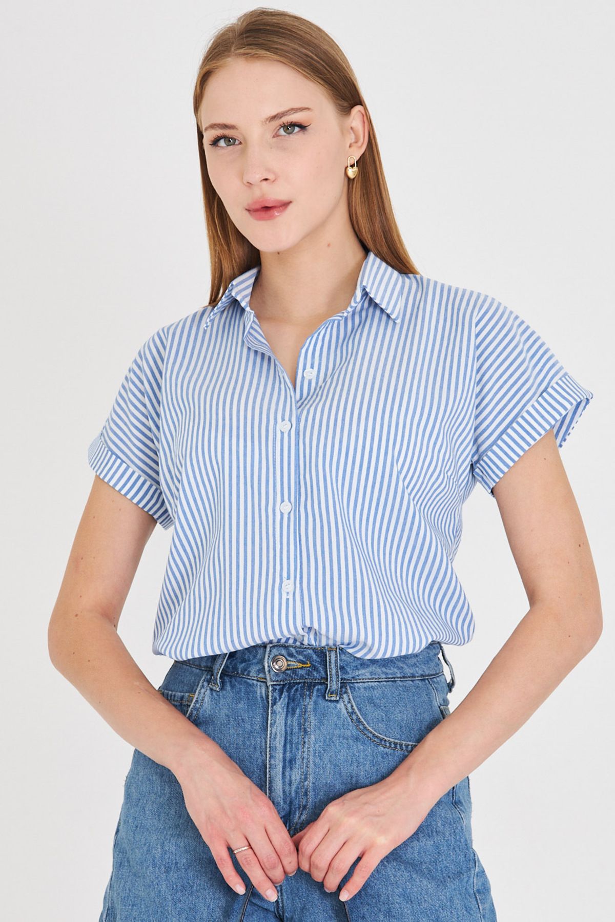 armonika Kadın Saks Çizgili Kısa Kol Gömlek ARM-25Y001059