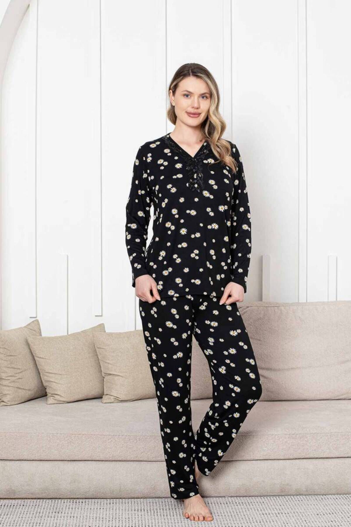 ALİMER Pijama Takımı - Siyah Papatya Desen Uzun Kol Likralı Viskon 2855UY