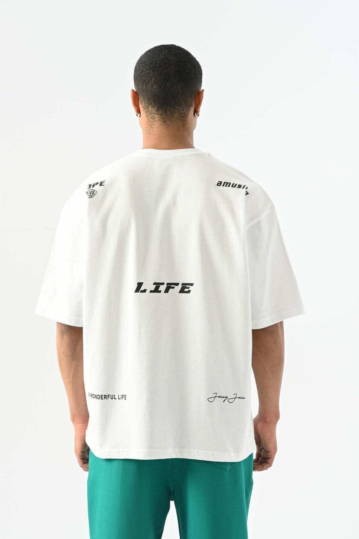 jaceyjace Life Baskılı Oversize T-shirt - Beyaz