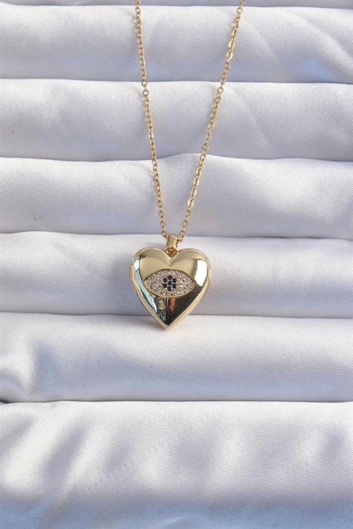 FASHIONLINE 316L Çelik Zincir Gold Renk Zirkon Taşlı Göz Figürlü İçi Açılabilir Kalp Model Kolye