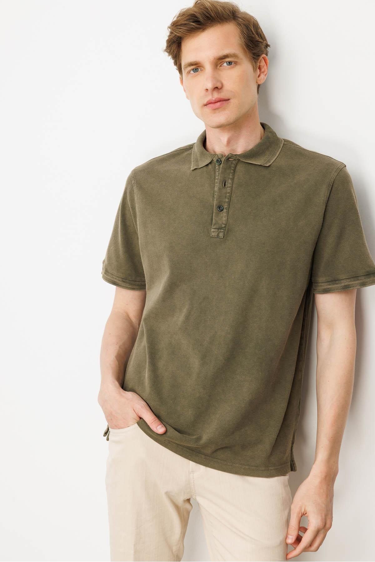 Desen Triko Erkek Polo Yaka T-shirt Haki