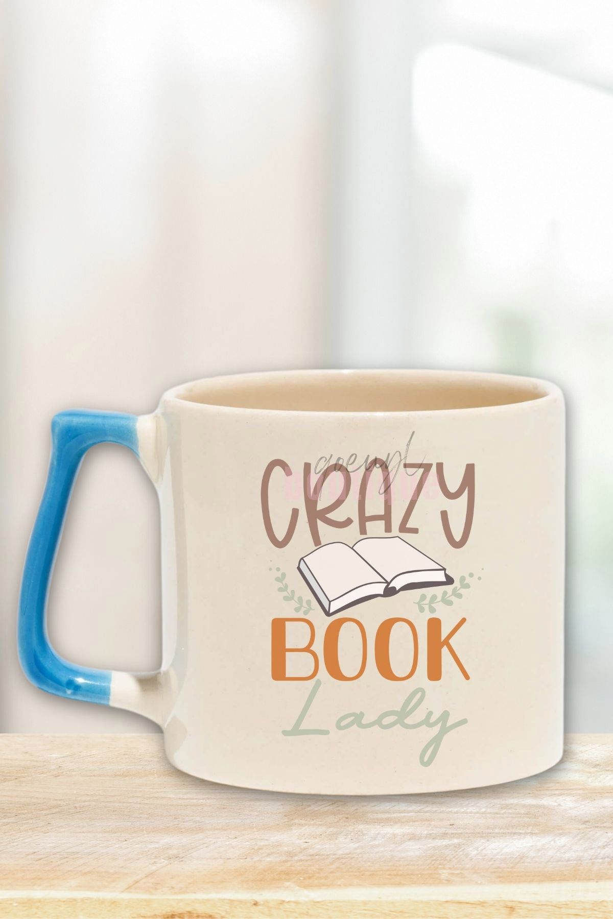 qoeuyl boutique Crazy Book Lady Baskılı Kitap Delisi Kadın Hediyelik Mavi Kulplu Kupa Bardak