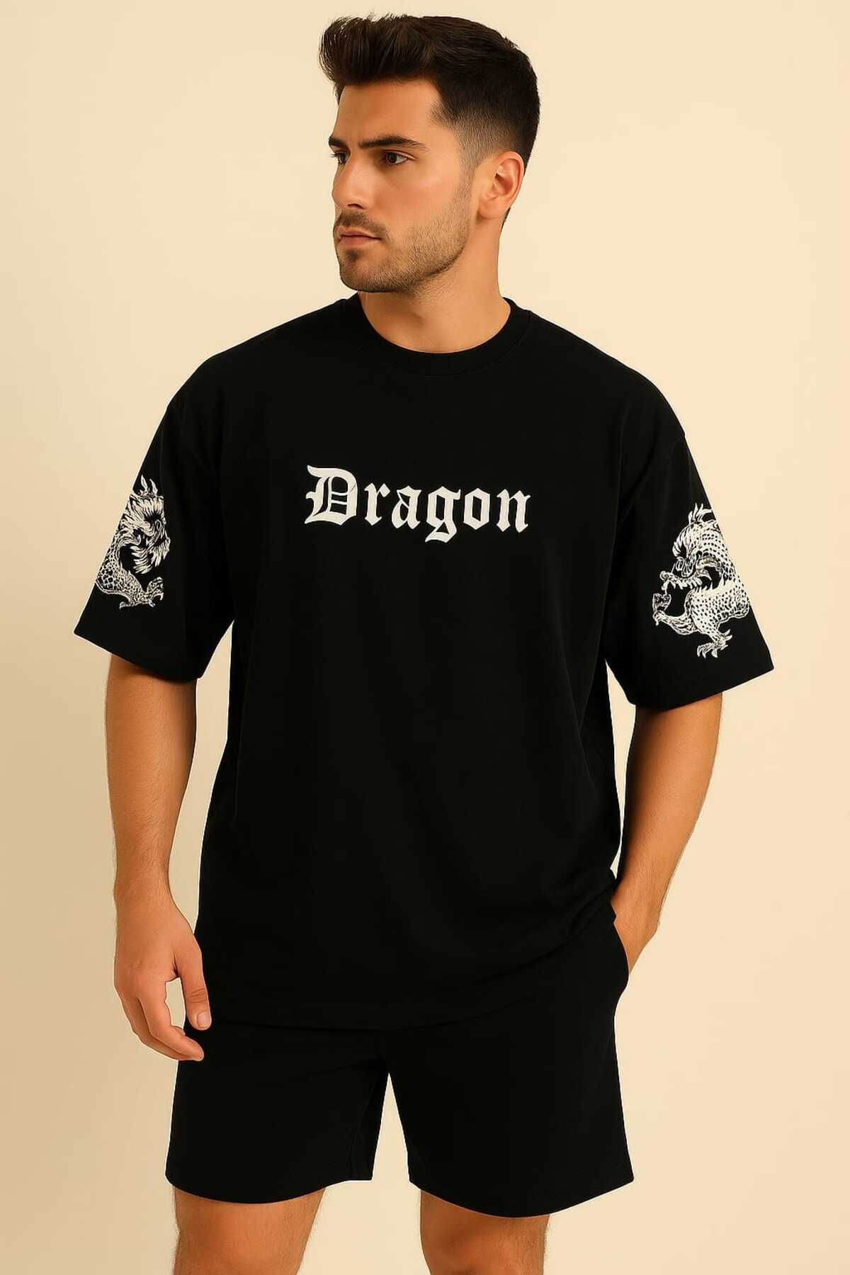 gigigiyim Dragon Baskılı Erkek Tişört Siyah