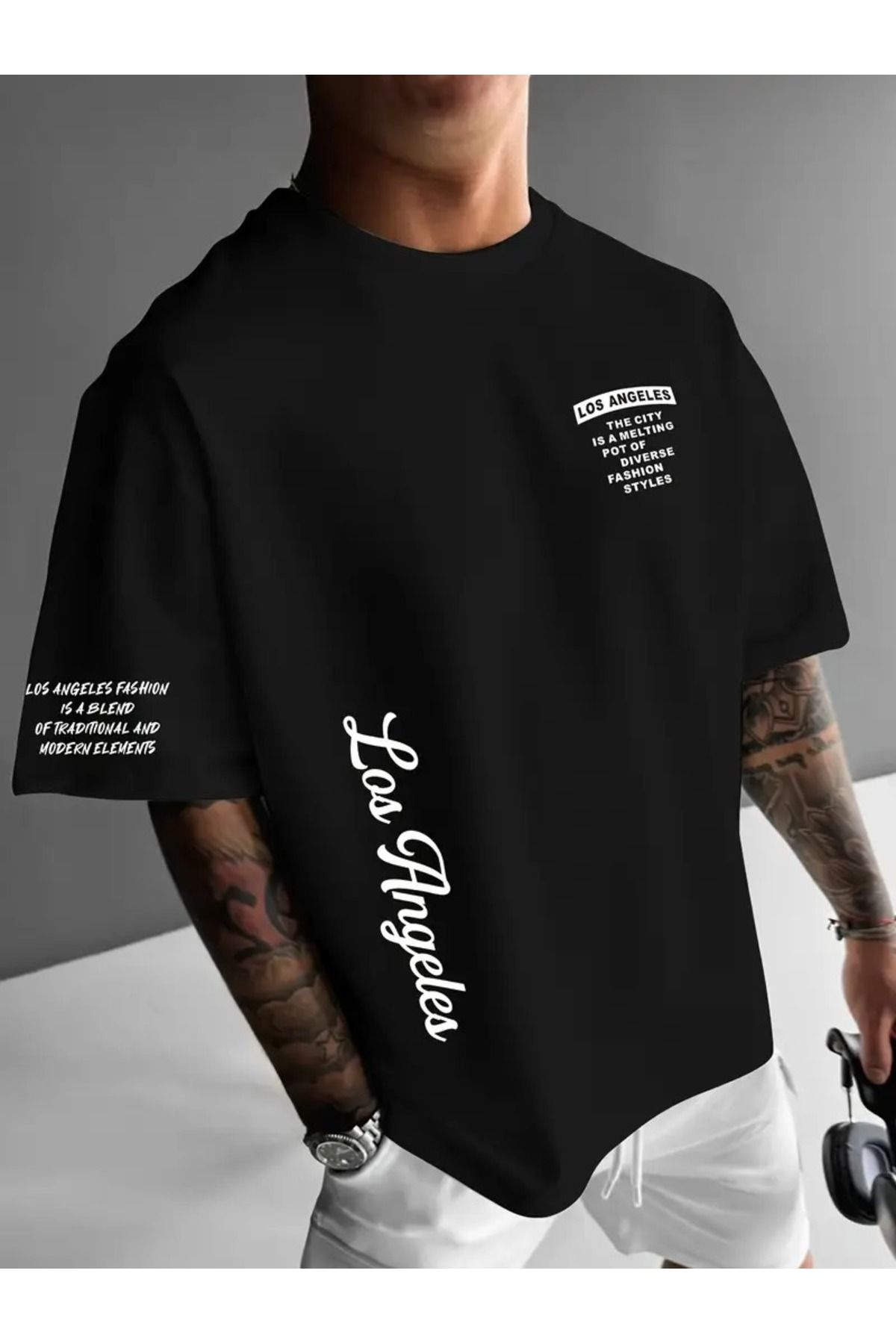 LAND MODA Los Angeles Mektup Baskılı T-shirt, Rahat Bol Kesim Polyester Tişört, Yuvarlak Yaka,