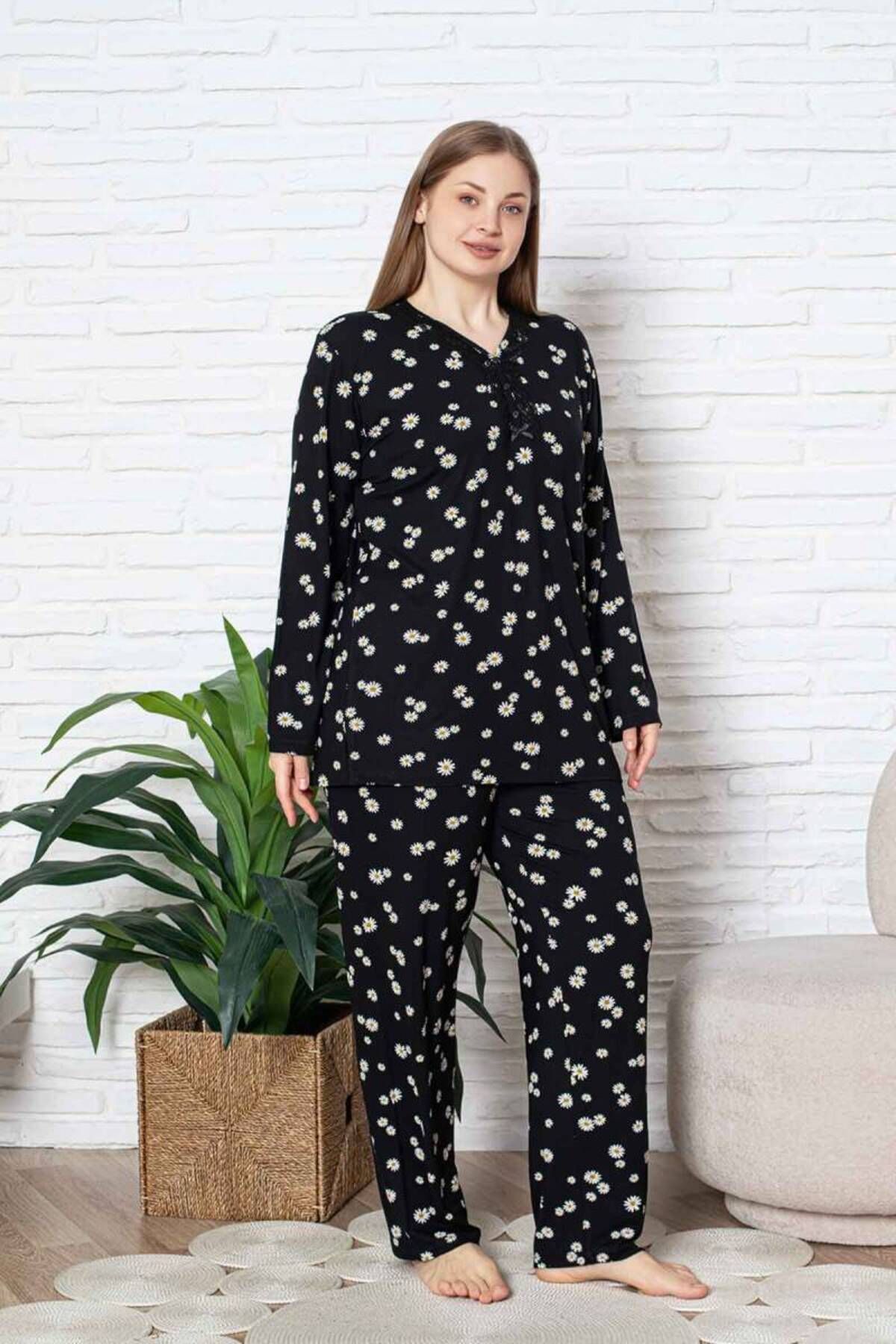 ALİMER-Plus Size Pajama Set - Black Daisy Pattern Long Sleeve Lycra Viscose 2855Uyb 3