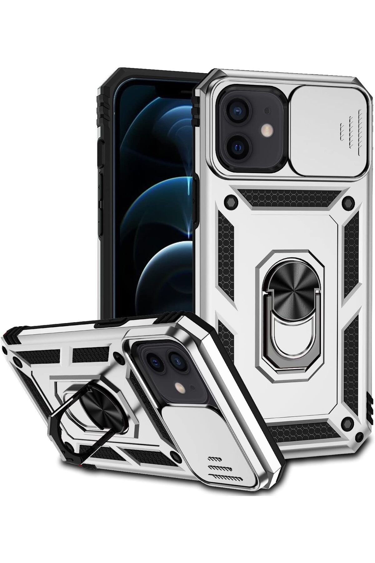 Rivor Apple iPhone 12 Uyumlu Kılıf Kamera Sürgülü Standlı Yüzüklü Darbe Emici Zırh Koruyucu Tank Kapak