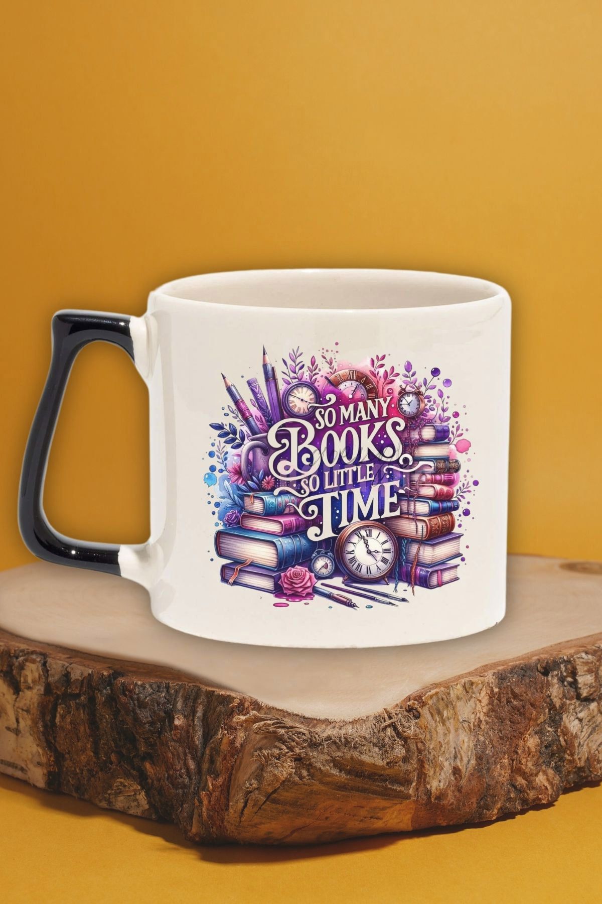 qoeuyl boutique Book Lover Word Art Baskılı Kitap Zamanı Kelime Sanatı Hediyelik Siyah Kulplu Kupa Bardak