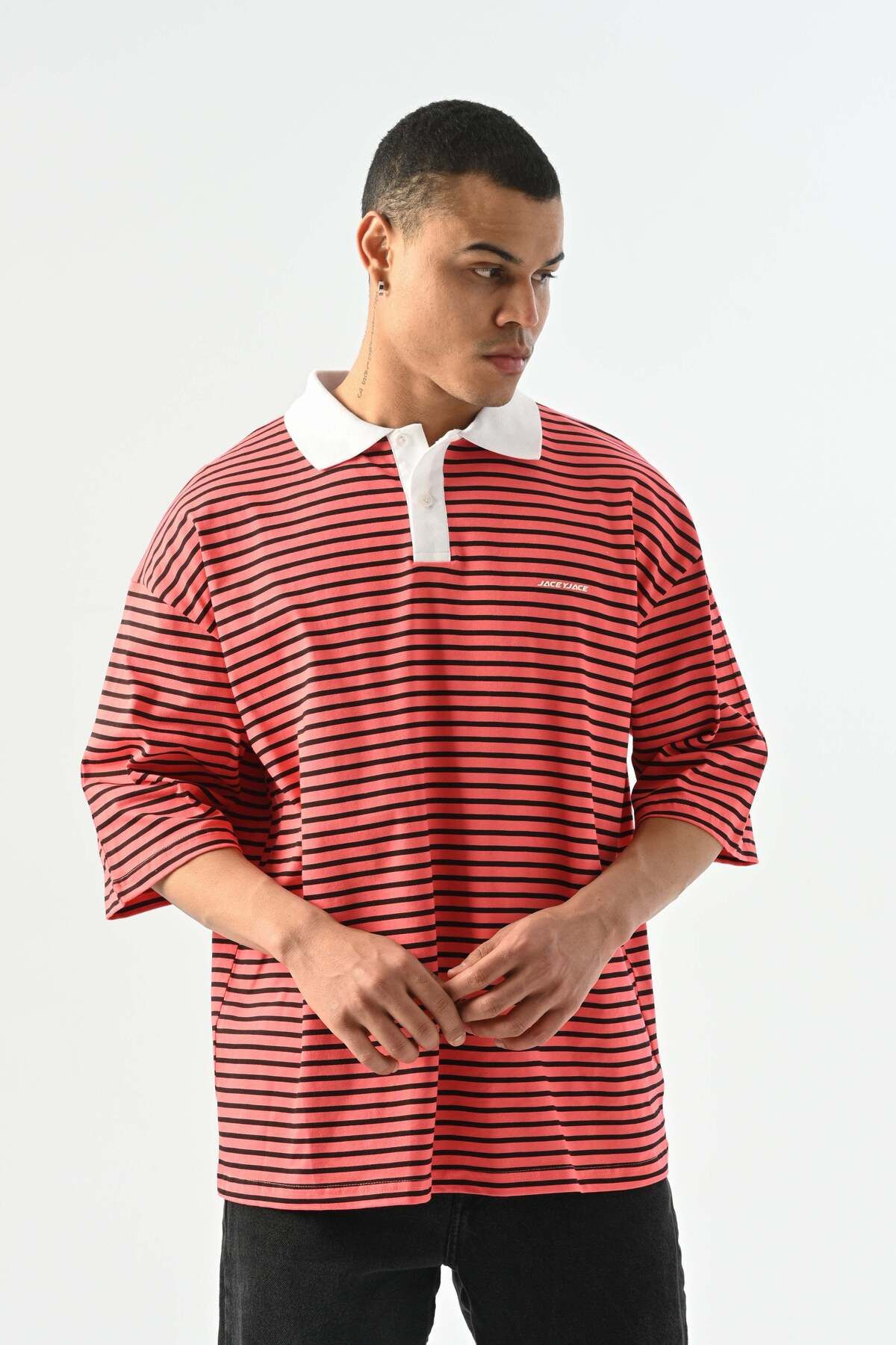 jaceyjace Çizgili Polo Yaka T-shirt - Nar