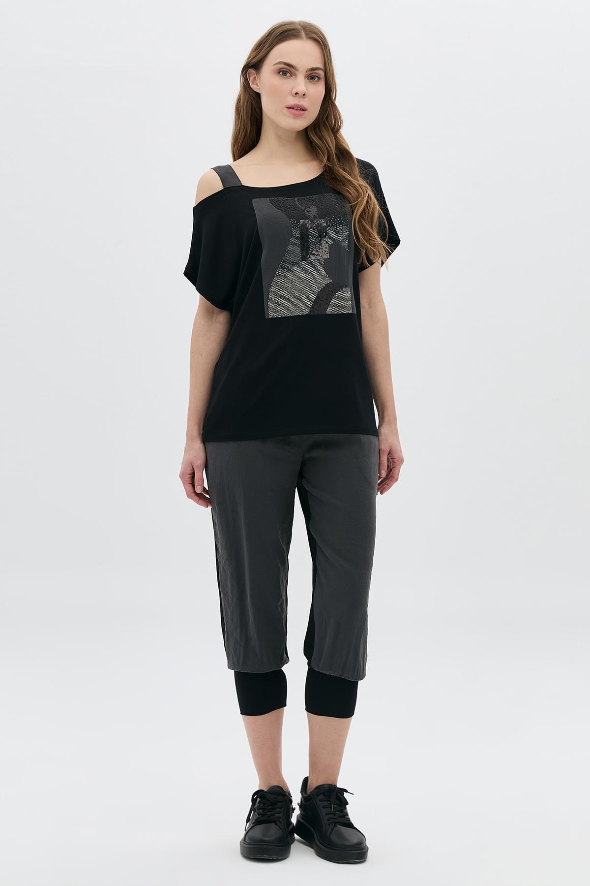 DAIDO Modal Garnili Kız Taşlı Tek Omuz T-Shirt