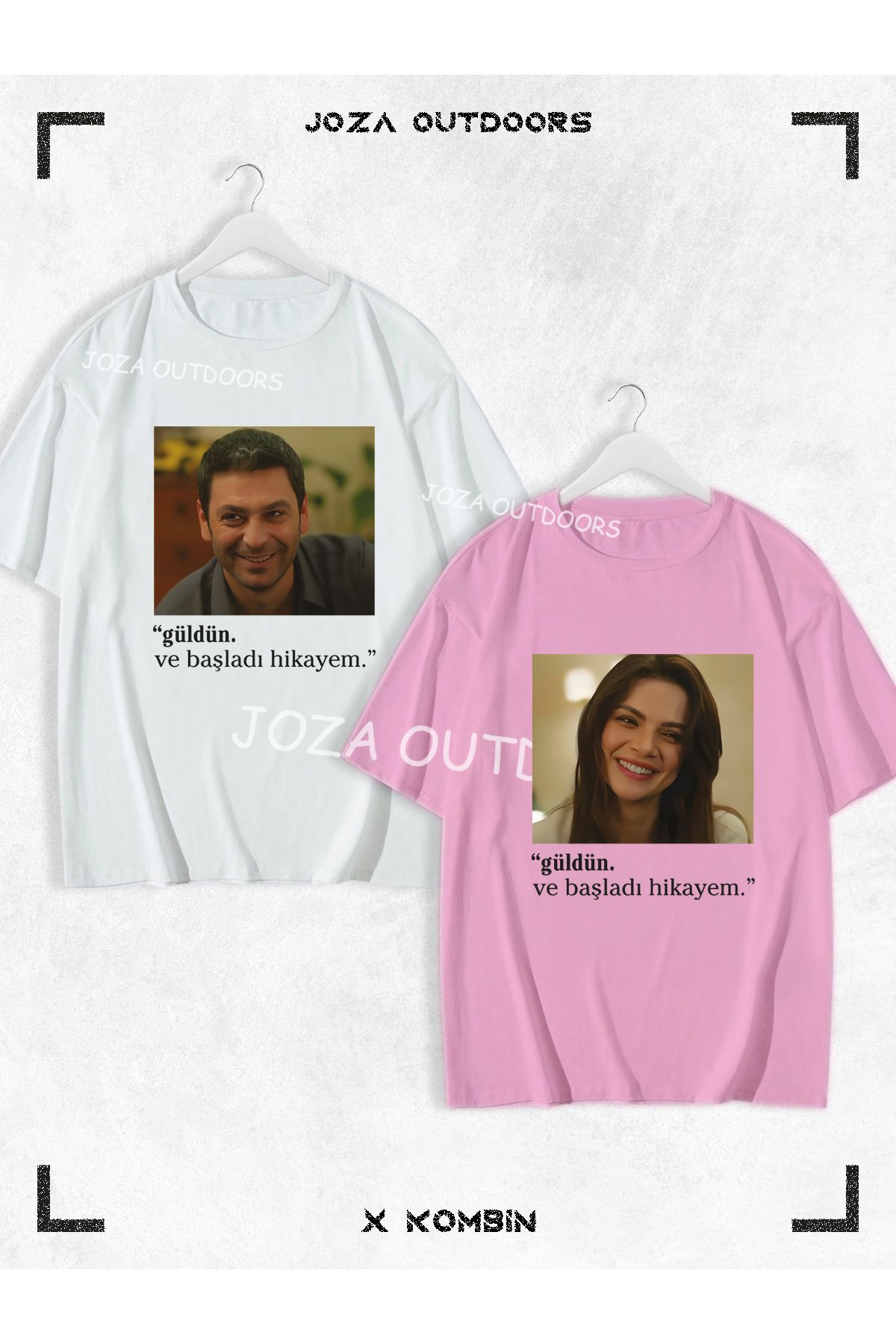 Joza Outdoors Kadın Erkek Unisex Uzak Şehir Alya Cihan Baskı Sevgili Çift Kombini Oversize Renkli Tshirt 2li Takım