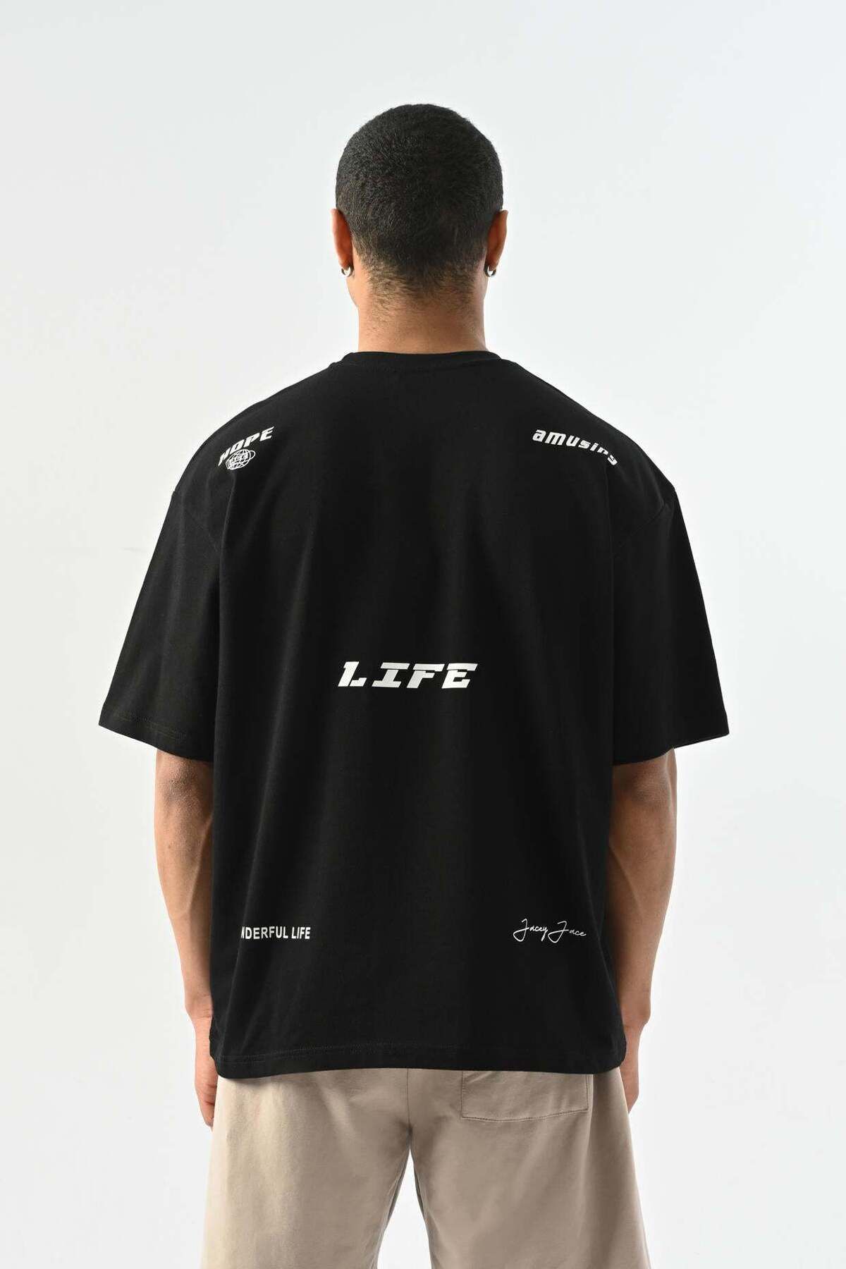 jaceyjace Life Baskılı Oversize T-shirt - Siyah