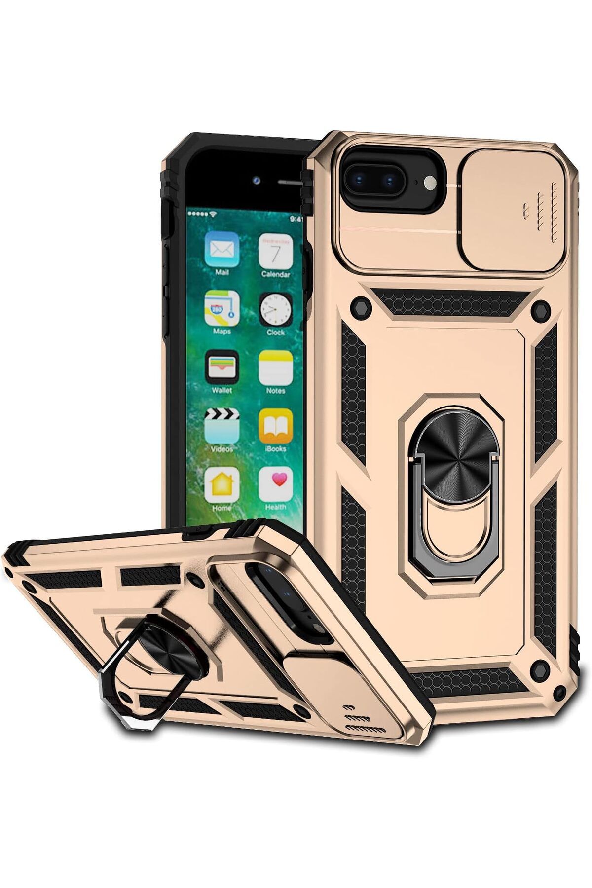 Rivor Apple iPhone 7 Plus & iPhone 8 Plus Kılıf Kamera Sürgülü Standlı Yüzüklü Darbe Emici Zırh Kapak
