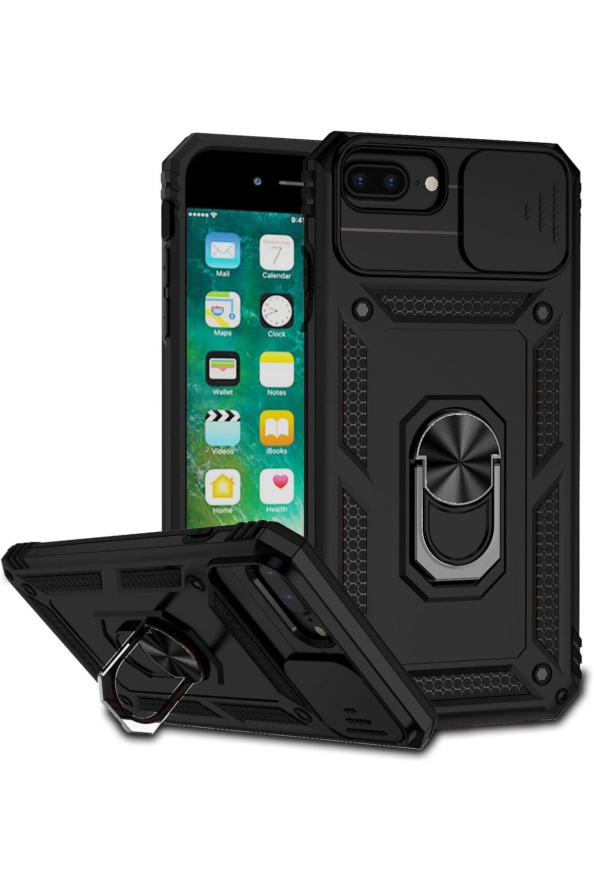 Rivor Apple iPhone 7 Plus & iPhone 8 Plus Kılıf Kamera Sürgülü Standlı Yüzüklü Darbe Emici Zırh Kapak