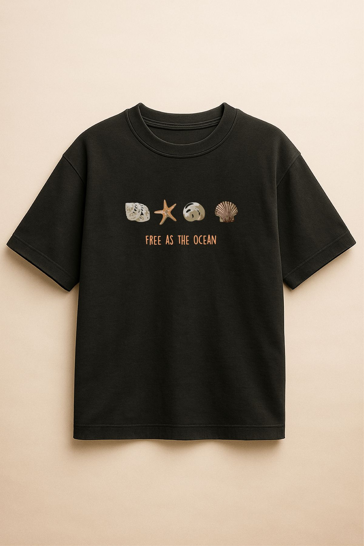 Altair Tr Siyah Renk Oversize Free As The Ocean Deniz Kabuğu Baskılı Unisex Tişört T-Shirt