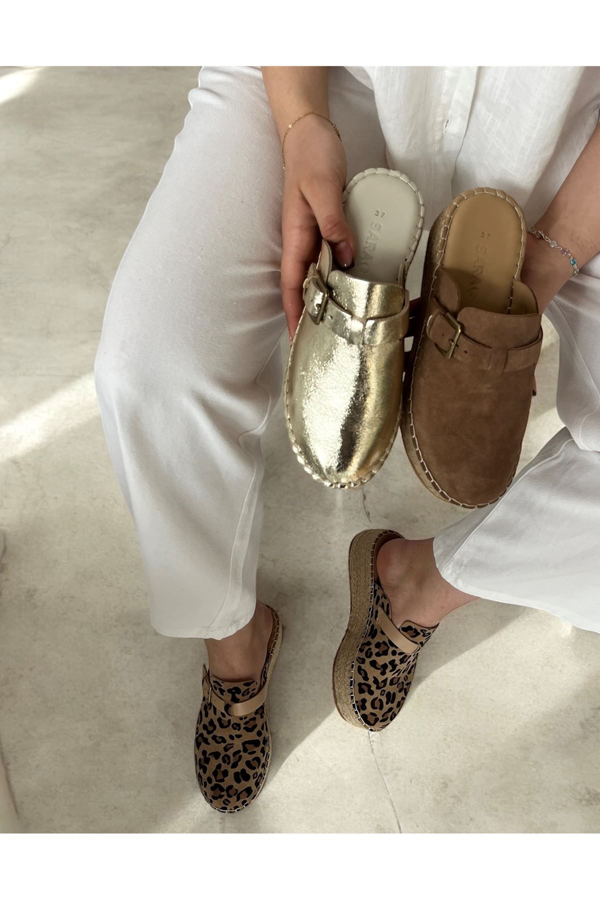 Saracshoes Gerçek Deri Süet Leopar Kadın Espadril Terlik Sunset