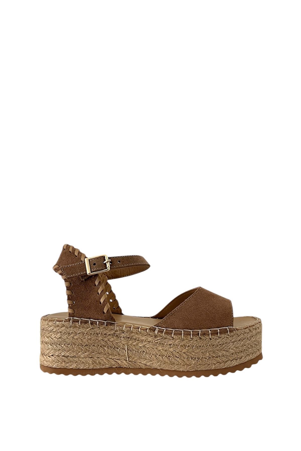 Saracshoes Gerçek Deri Süet Kahverengi Kadın Espadril Wicker