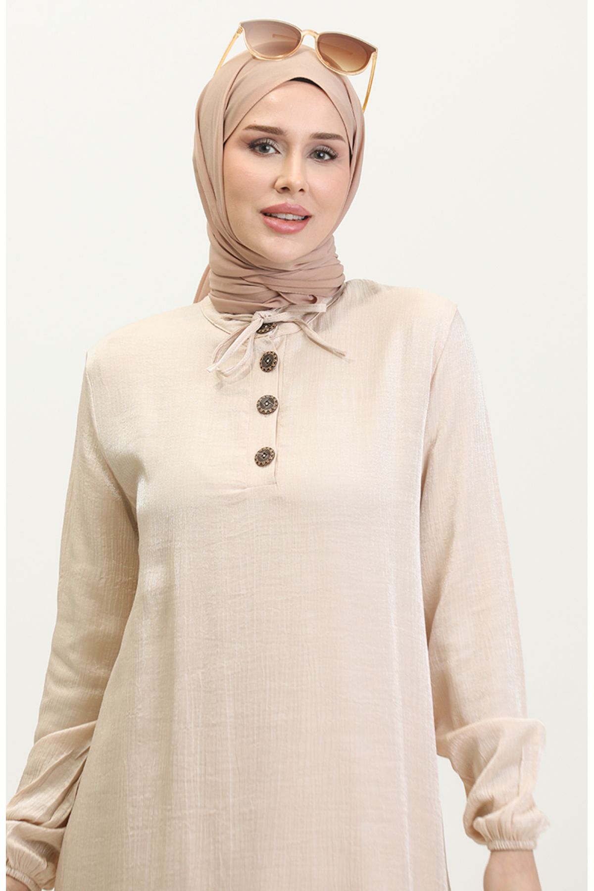 sefamerve-Cream Tunic and Trousers Double Set - Button Detailed 11302-05 3